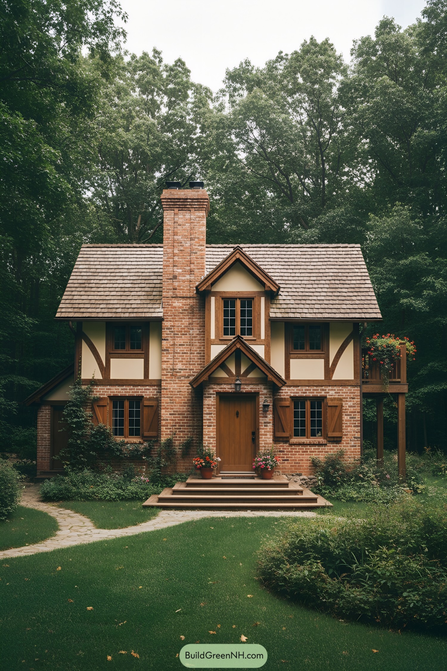 Quaint brick cottage nestled amidst lush greenery
