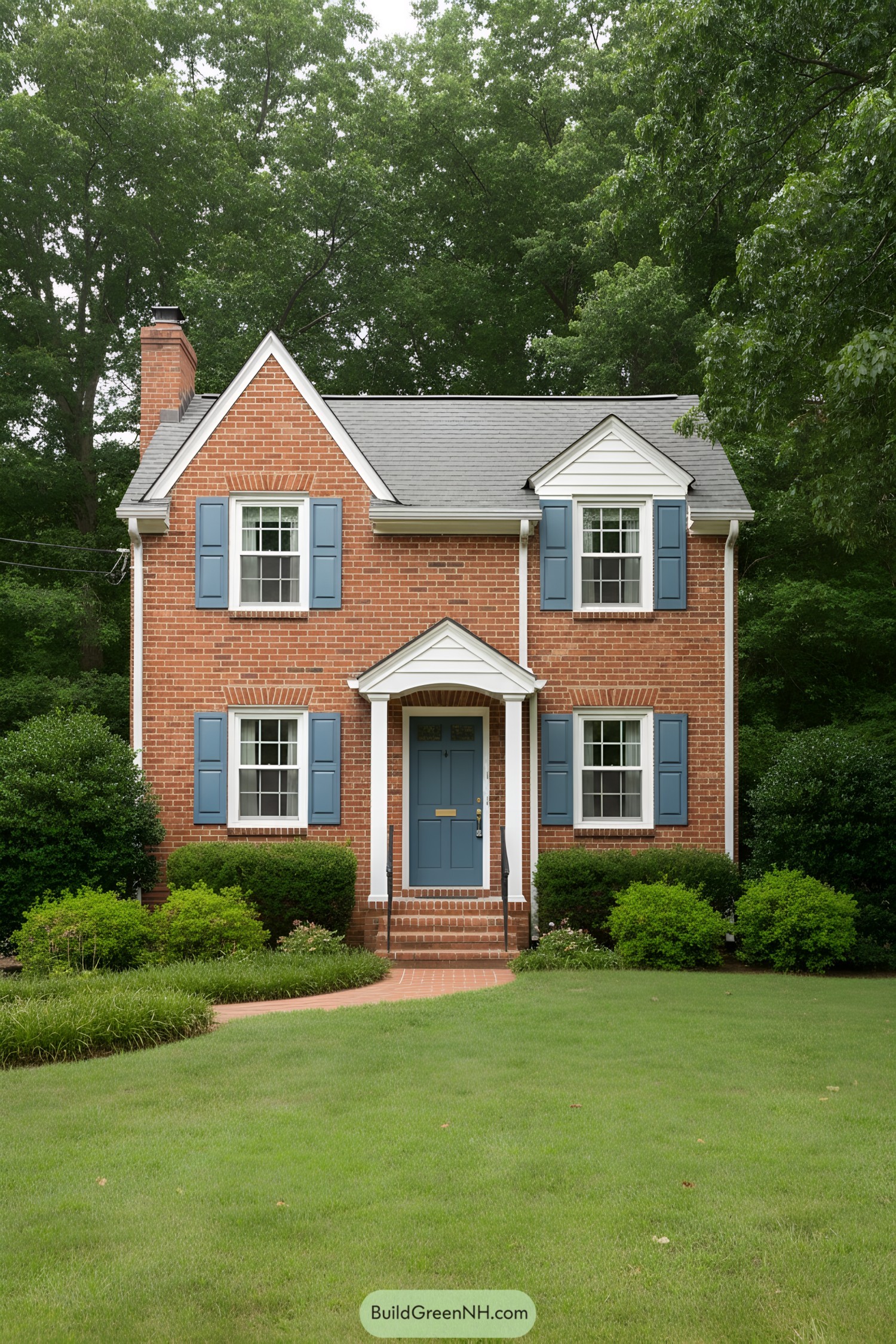 Brick cottage with blue shutters surrounded by greenery