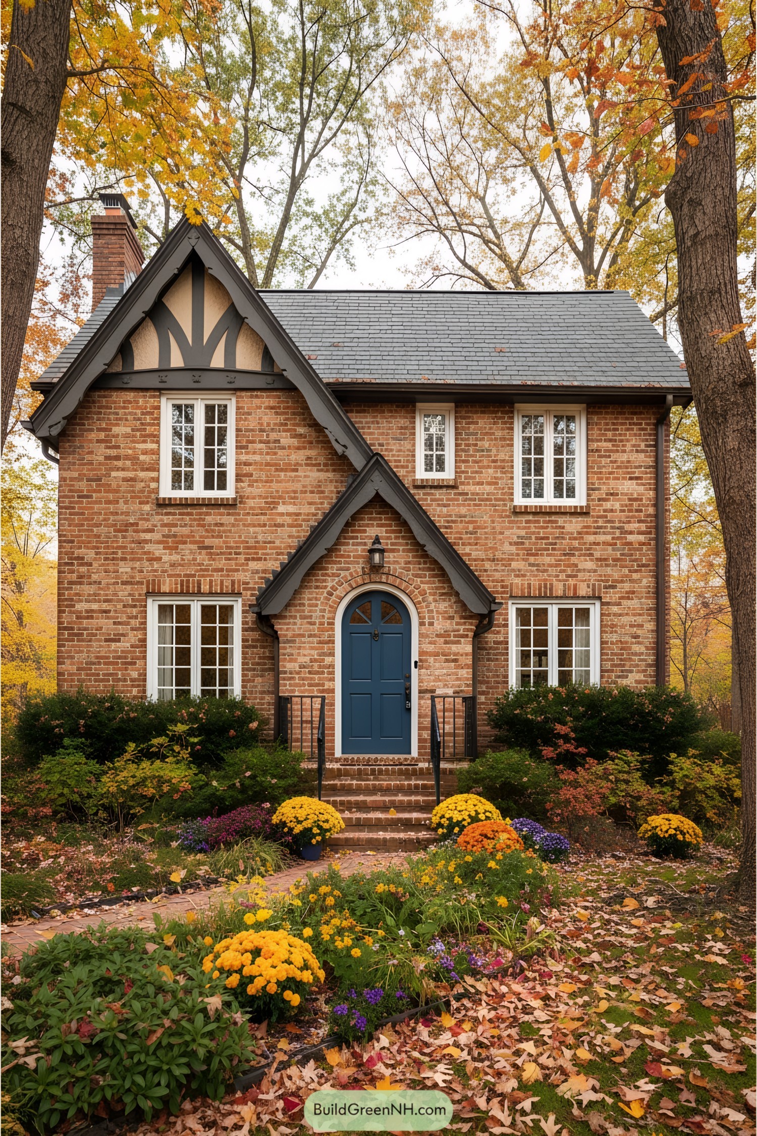 Brick house with blue door surrounded by autumn leaves