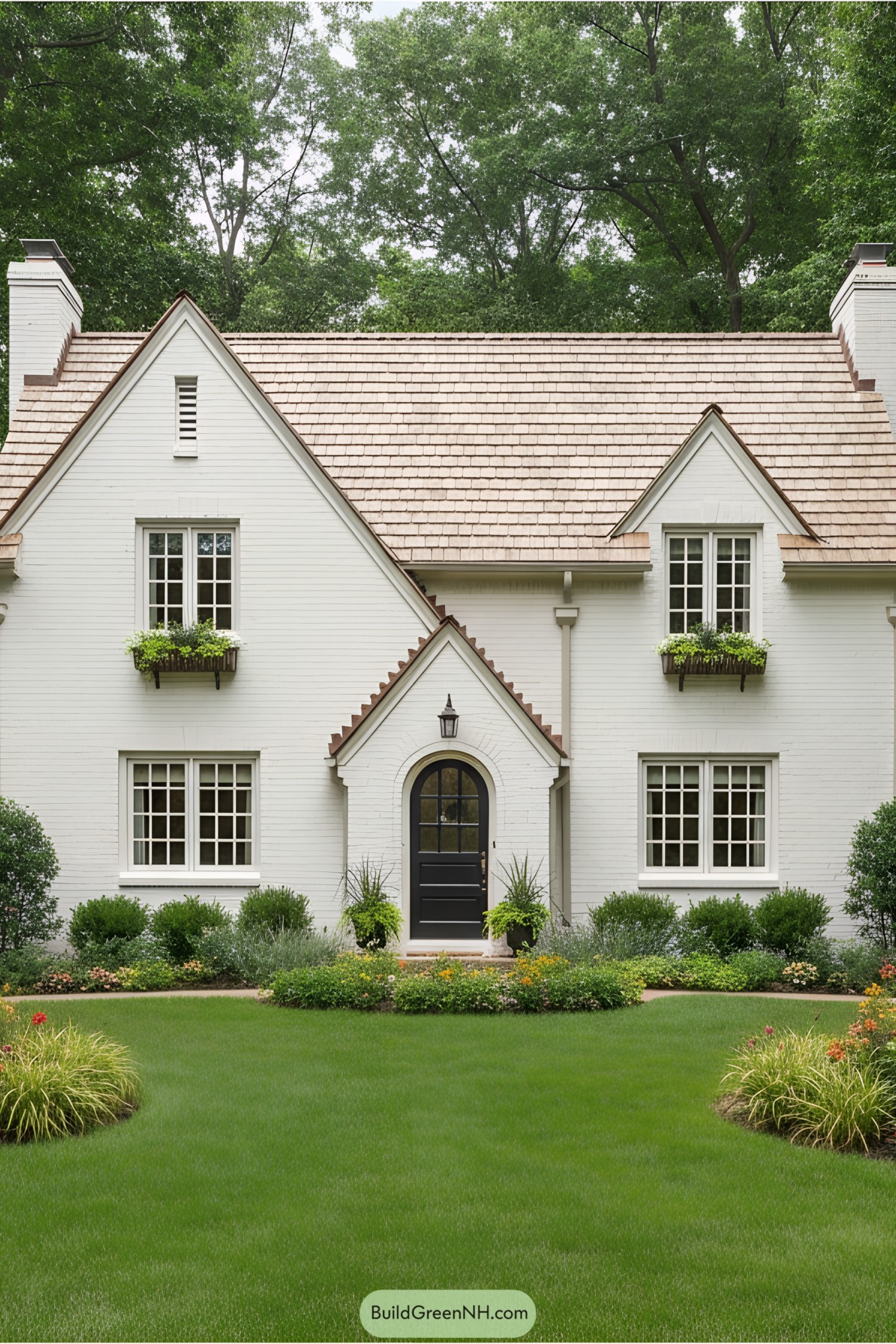 White brick cottage with lush garden in front