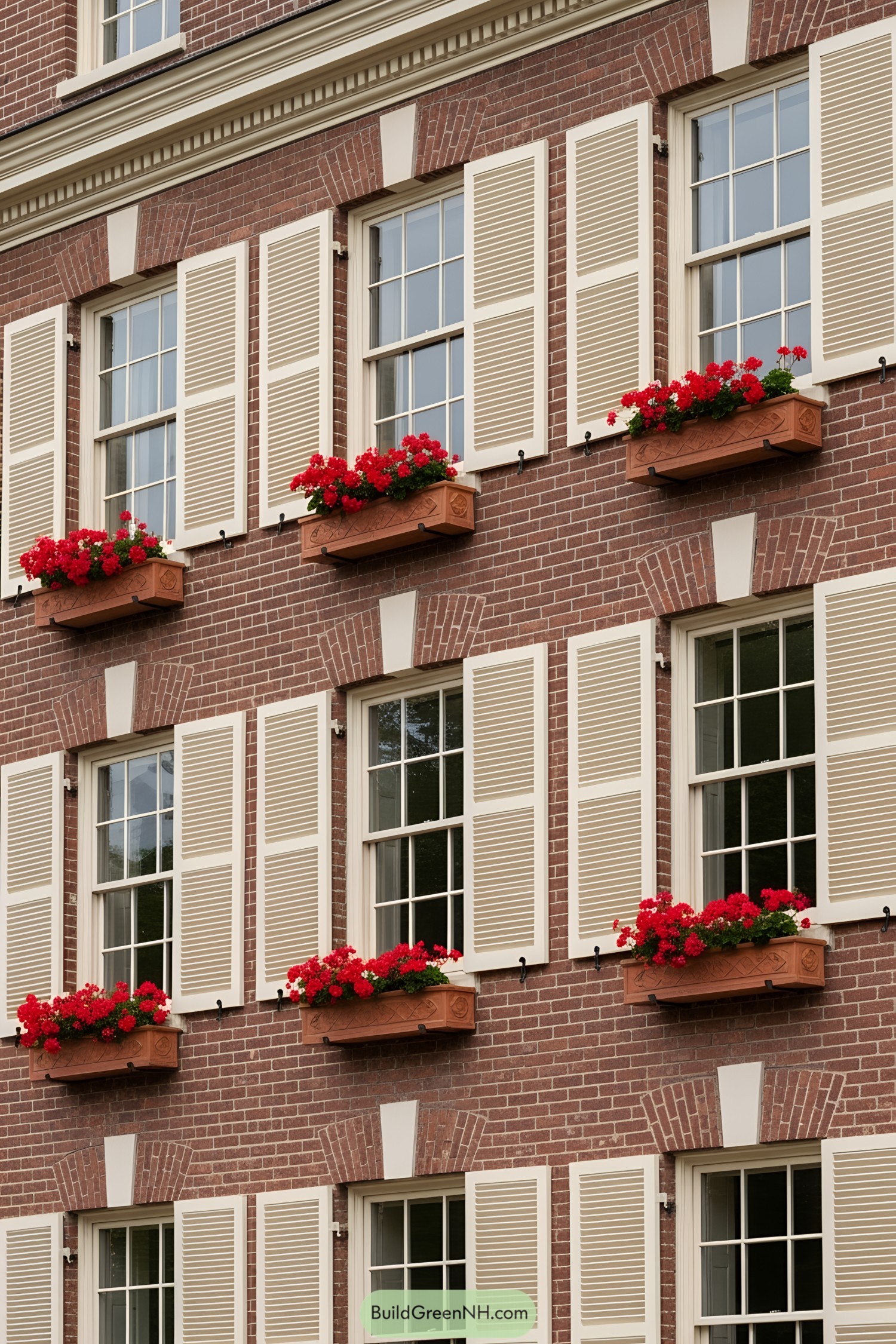Brick house with cream shutters and red flower boxes