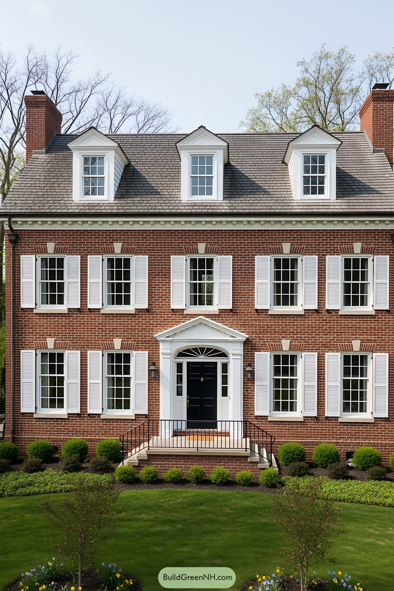 Elegant red-brick house with white shutters and a black door