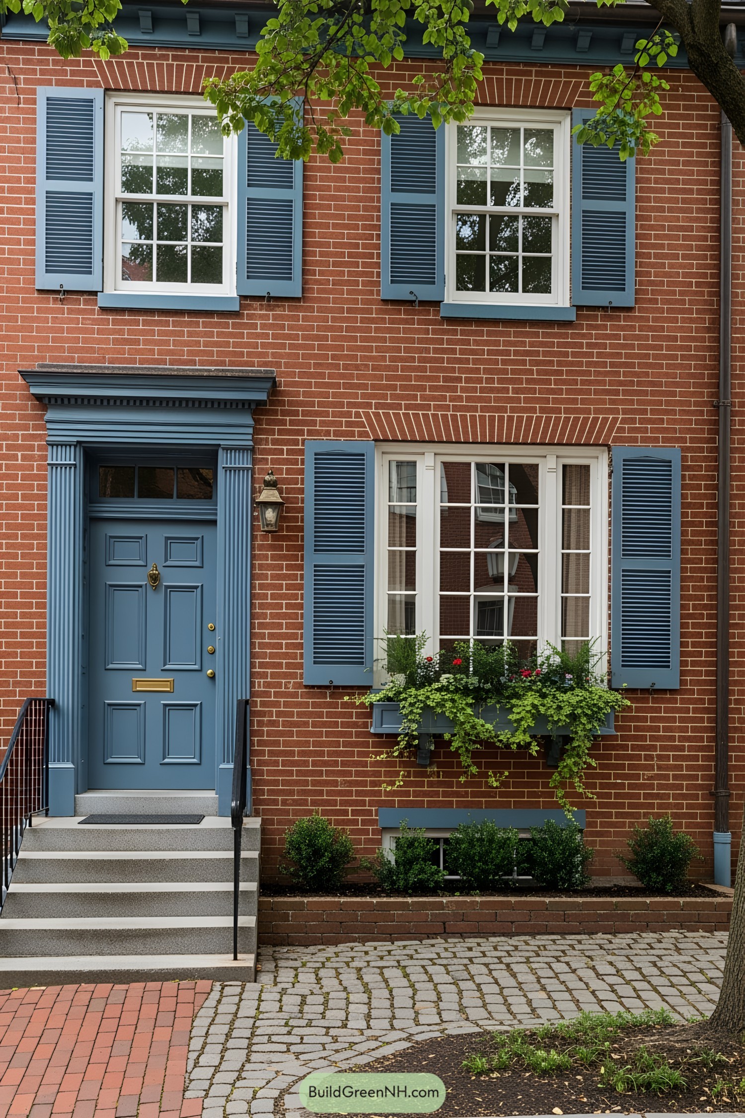 Charming brick house with blue shutters and a lush window planter