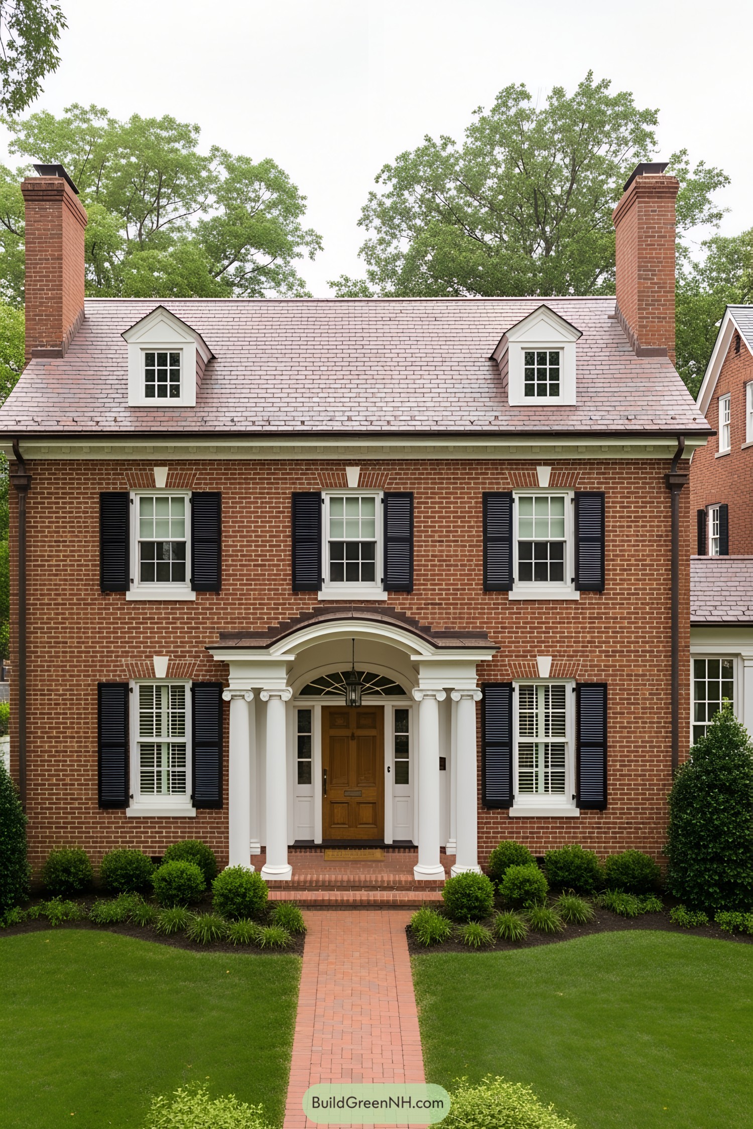 Red brick house with black shutters and white columns