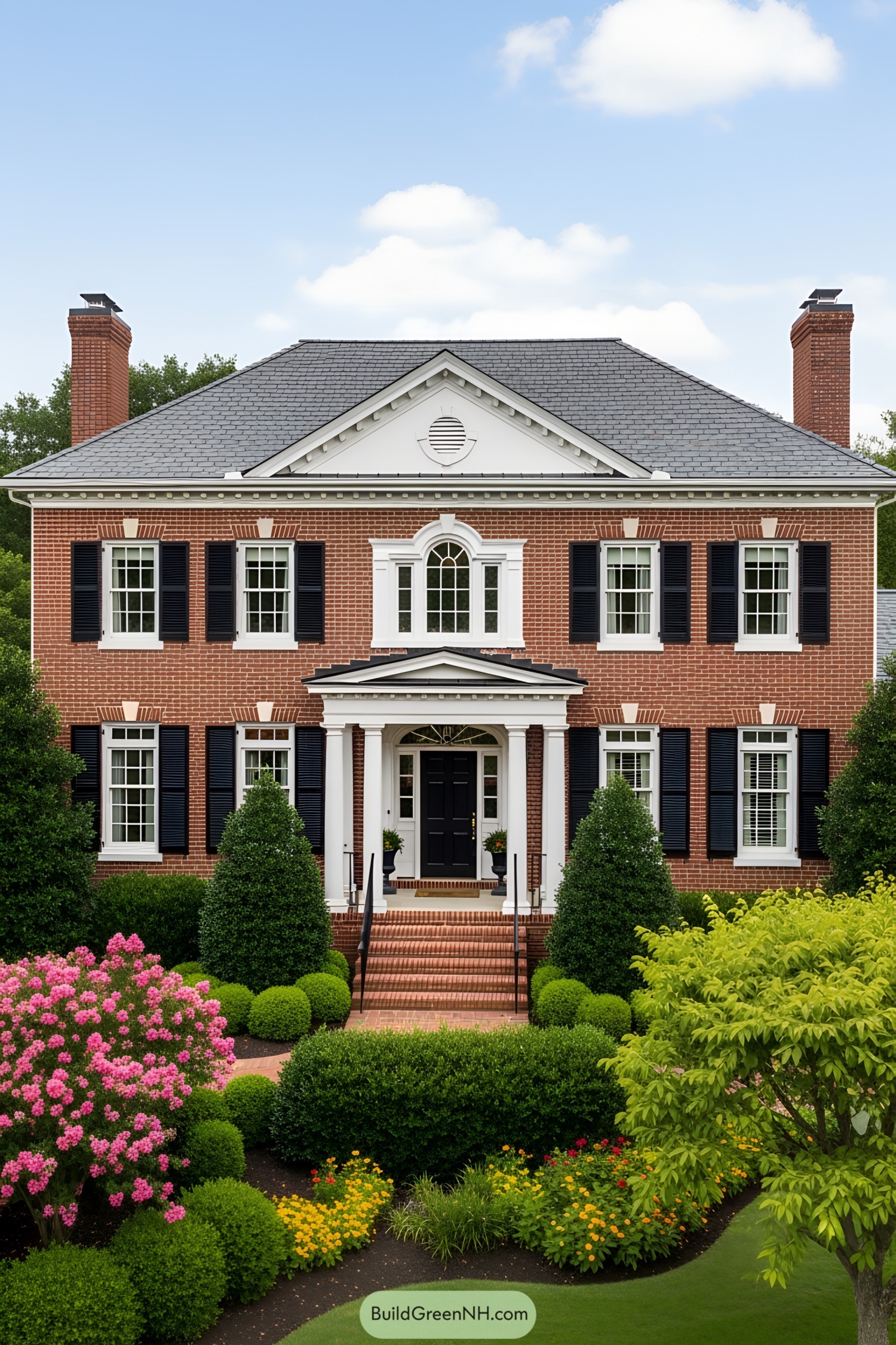 Red brick house with dark shutters and lush garden