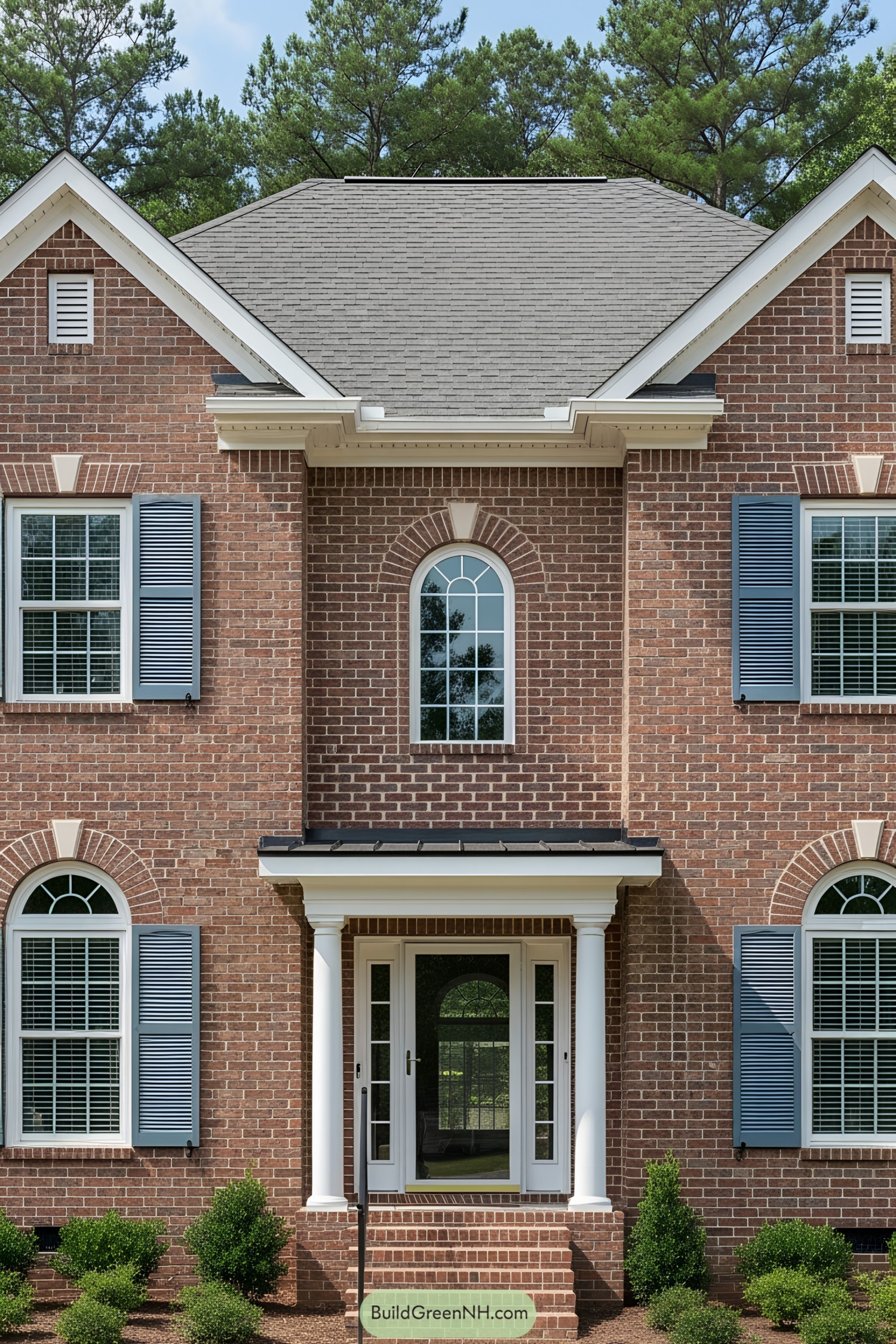Brick house with blue shutters and arched windows