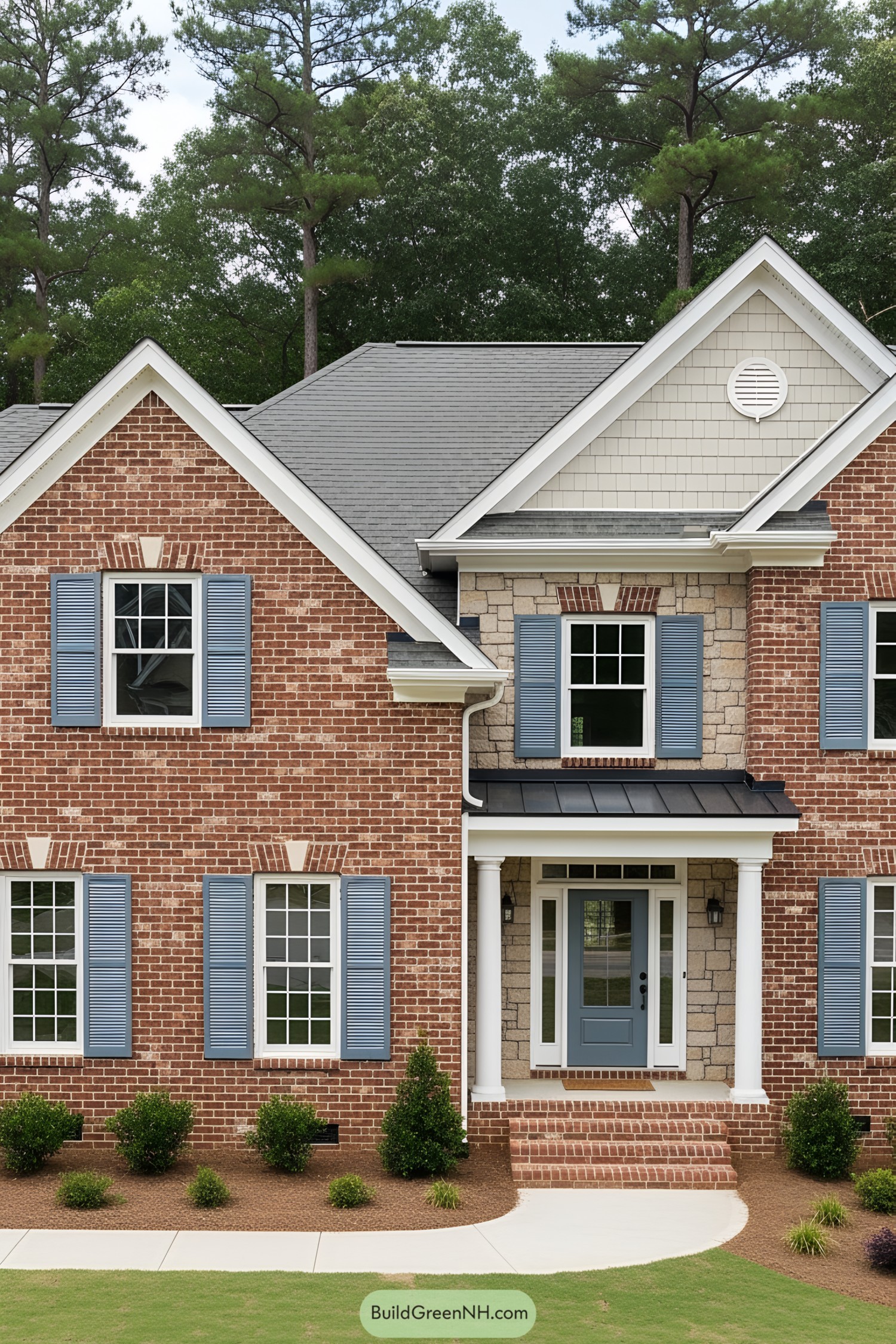 A charming brick house with blue shutters and a gray roof