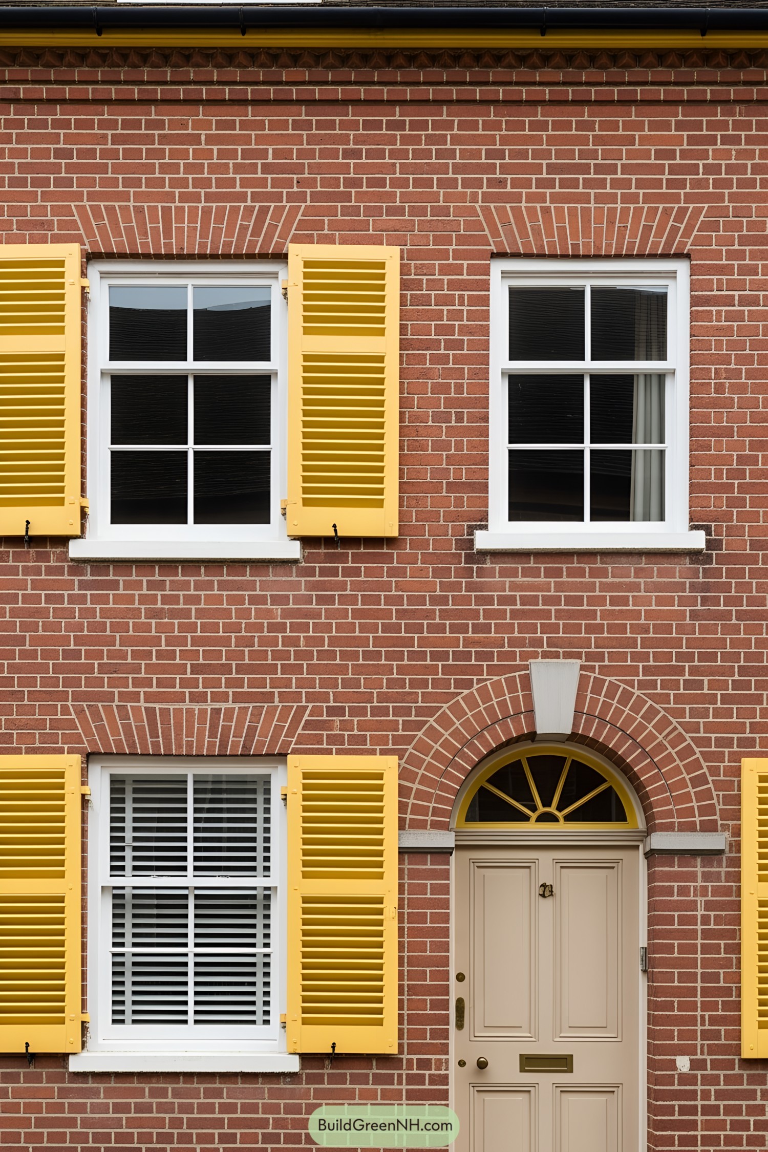 House façade with yellow shutters on windows and door