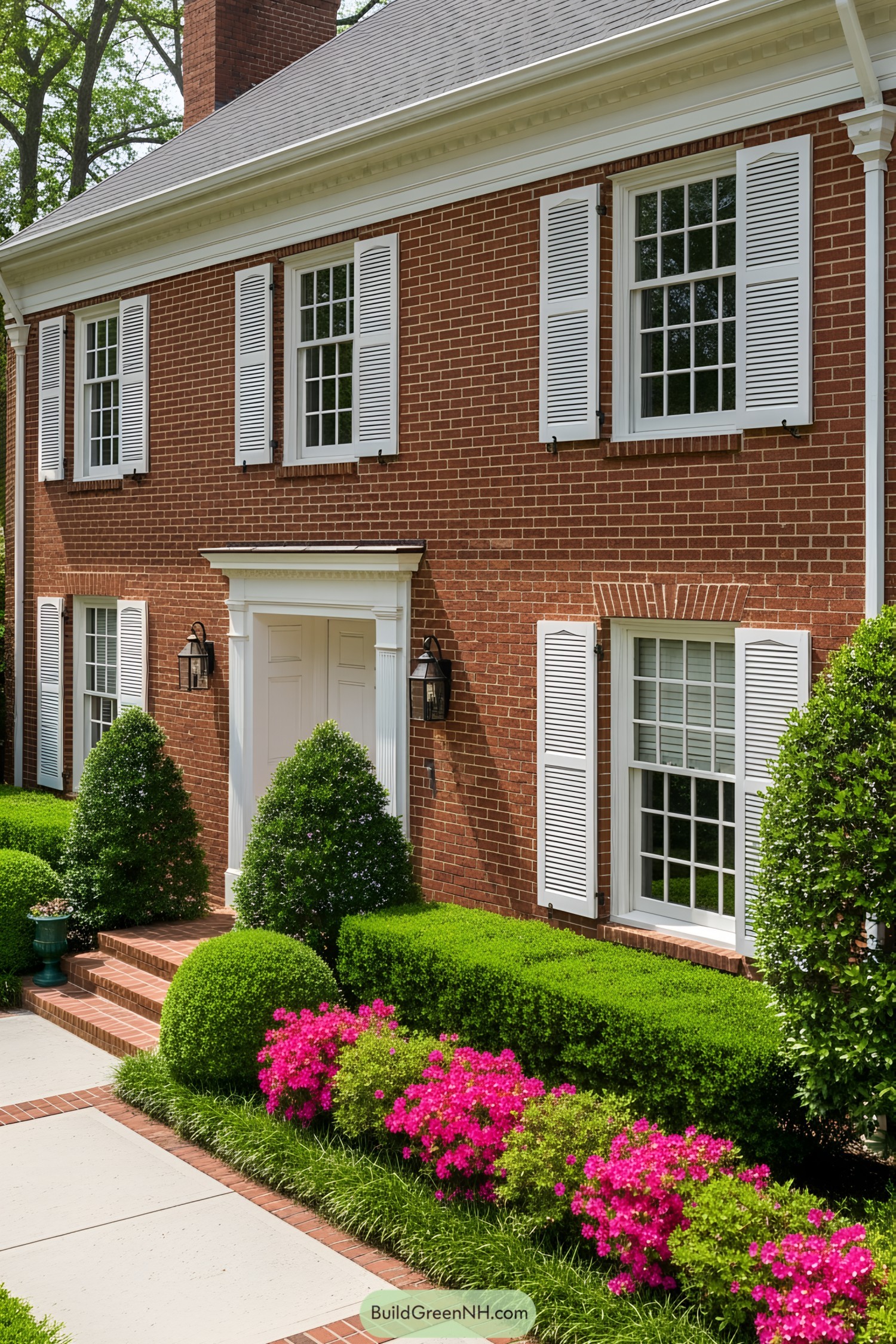 Elegant brick house with bright white shutters and lush greenery