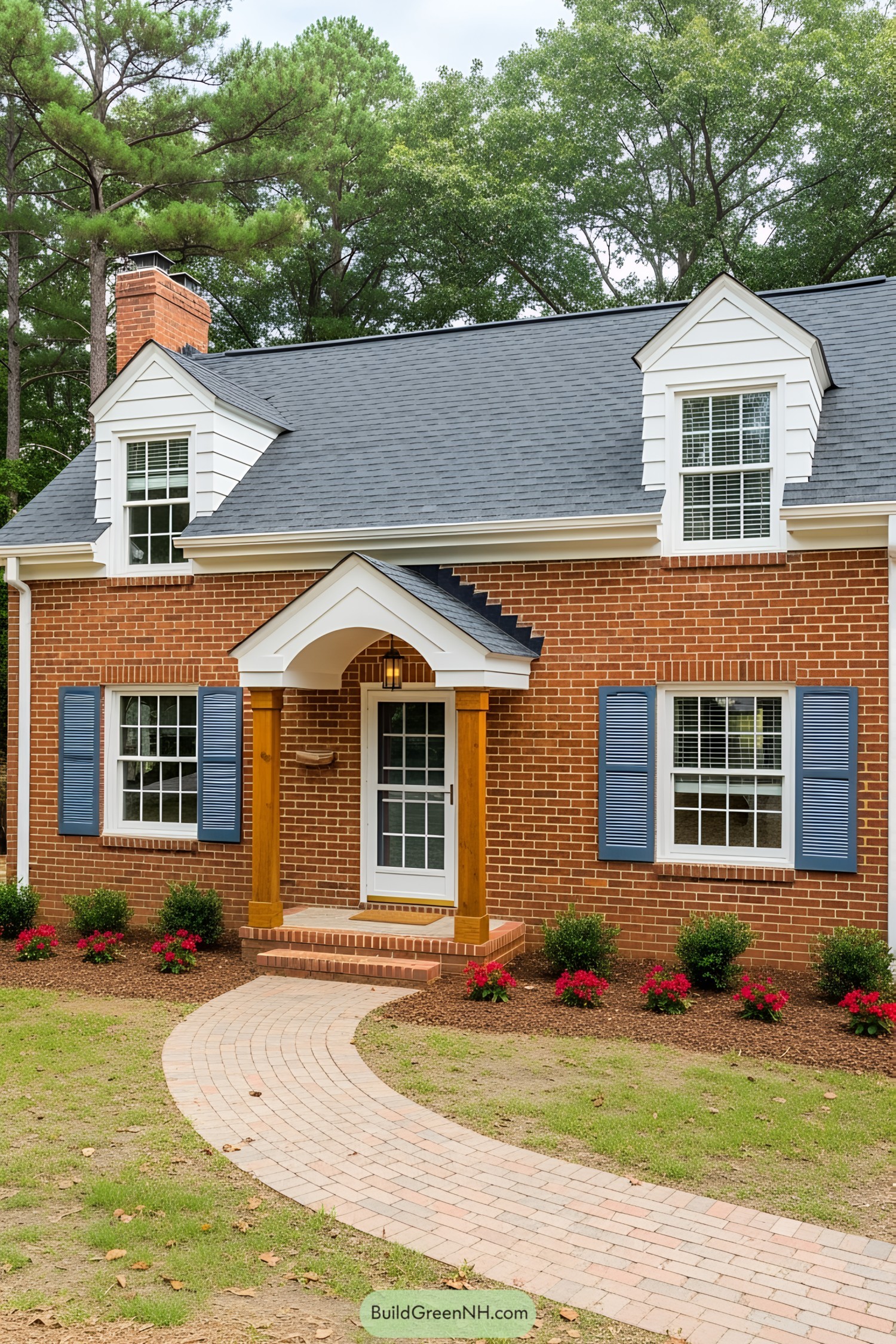 Charming brick house with blue shutters and a welcoming porch