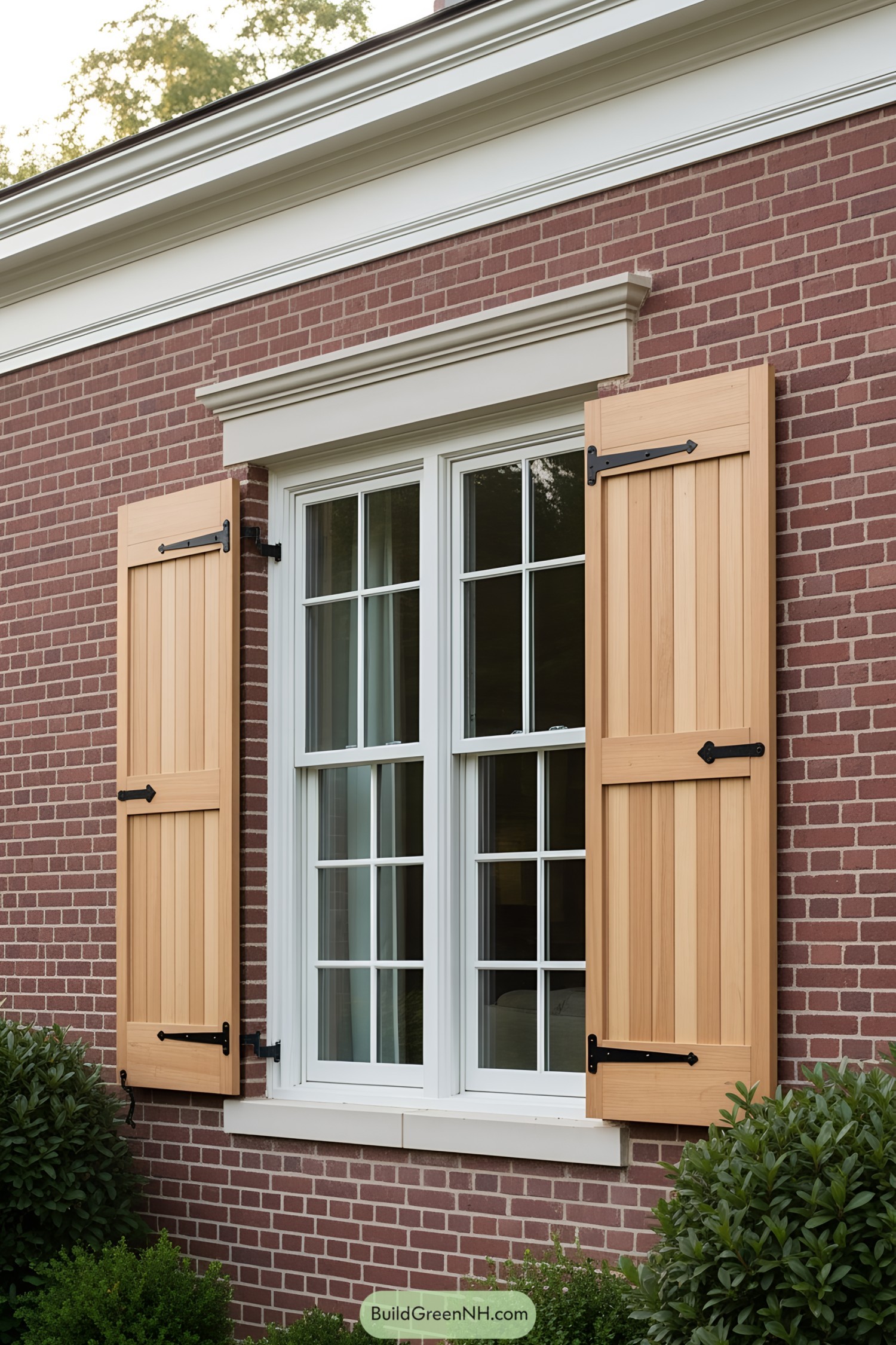 Brick wall with a window framed by wooden shutters