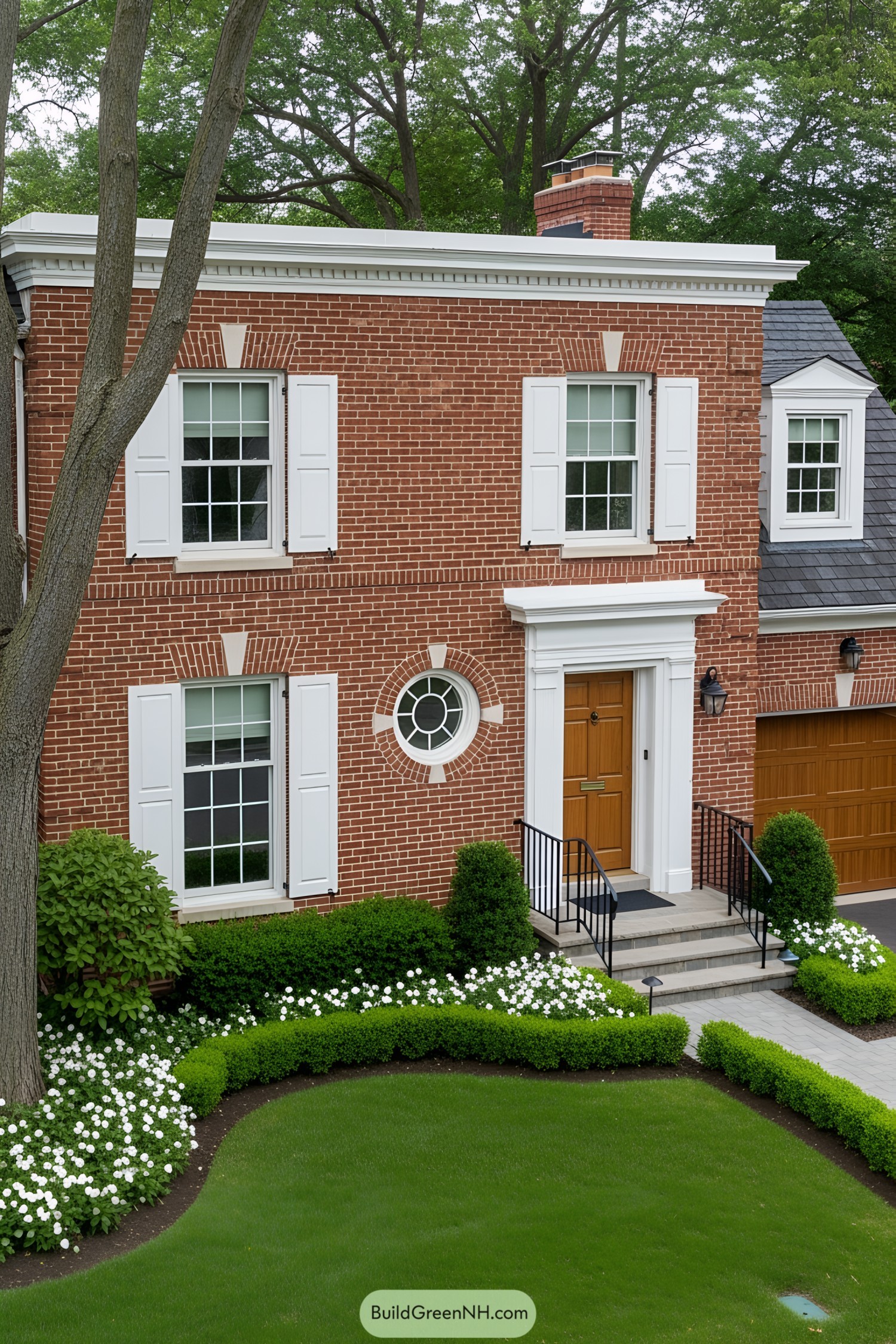 Charming brick house with white shutters and lush landscaping