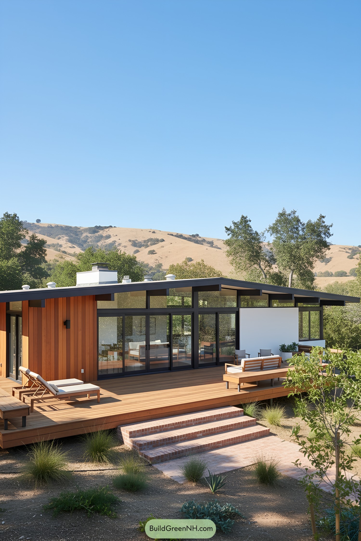 Stylish wooden deck of a California mid-century modern house