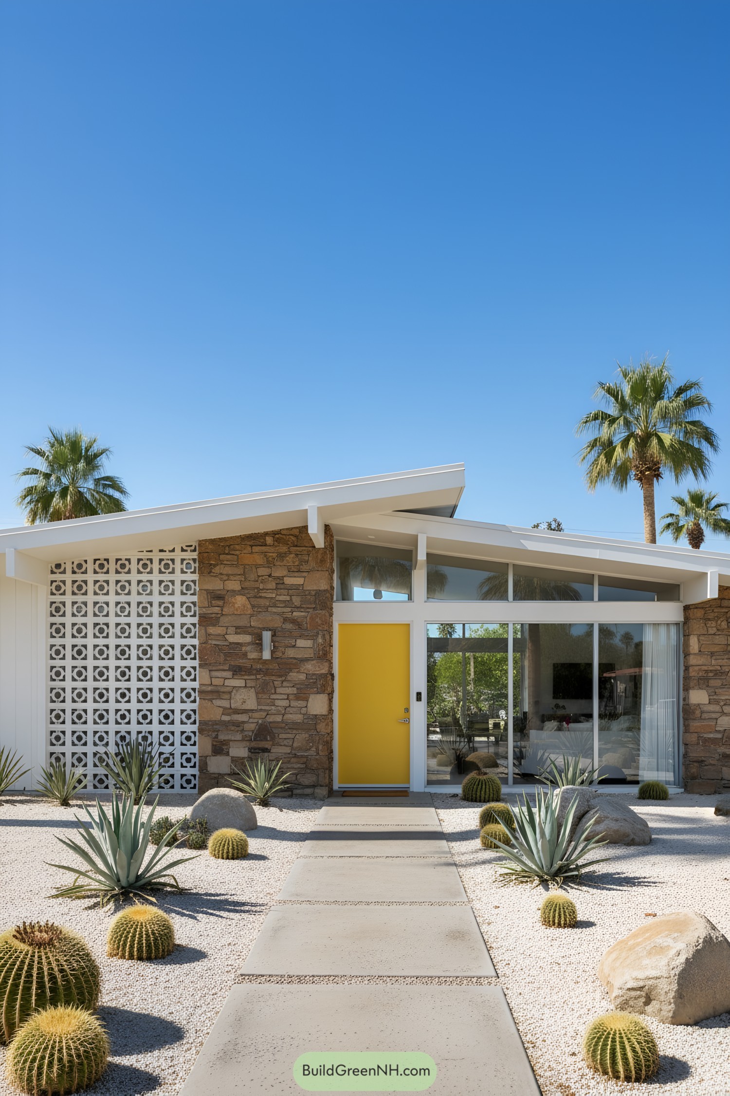 Mid-century modern home with stone facade and yellow door