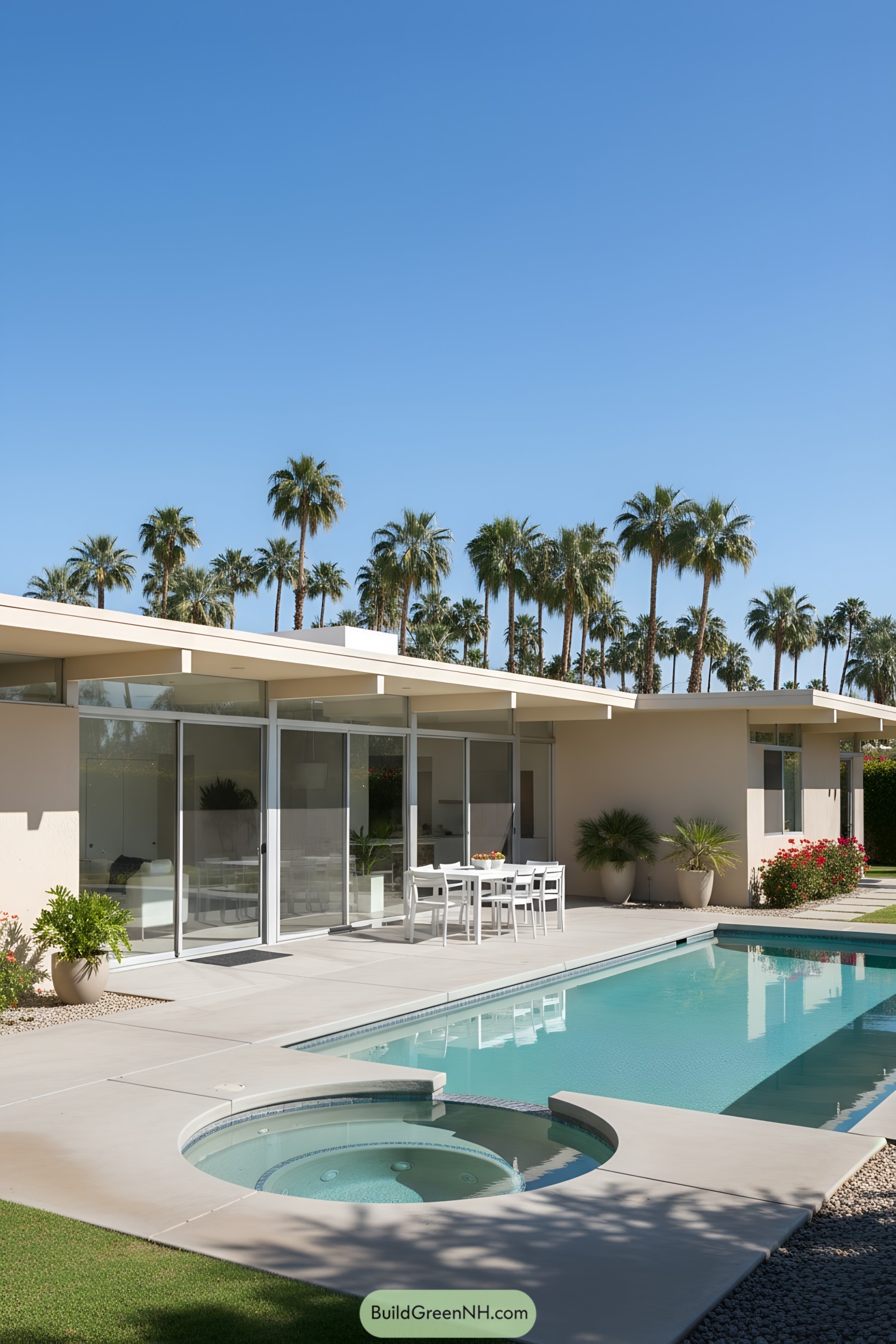 Mid-century modern house with a pool and palm trees