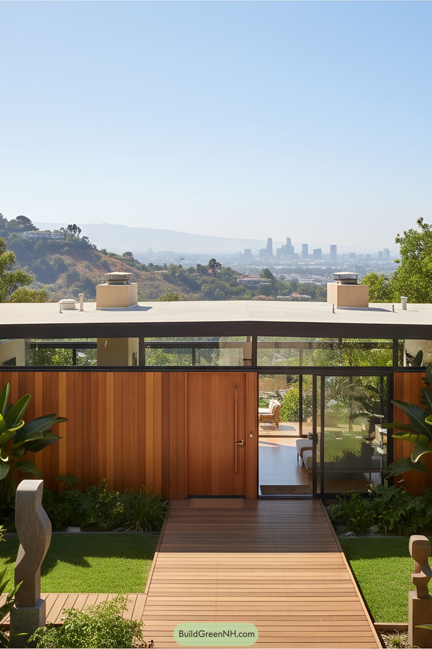 Modern house with wooden facade and city view
