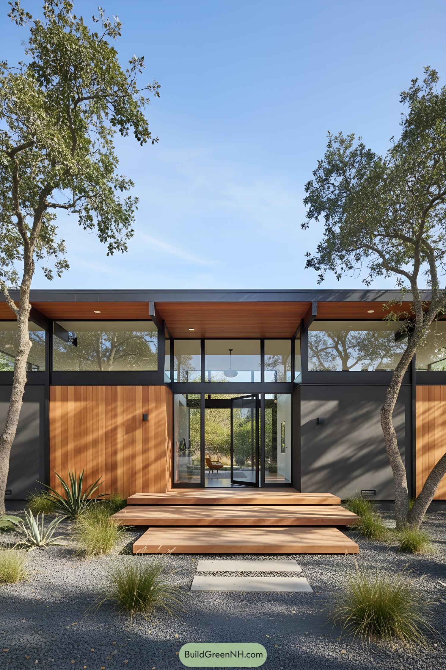 Mid-century modern house with glass entryway and wooden accents