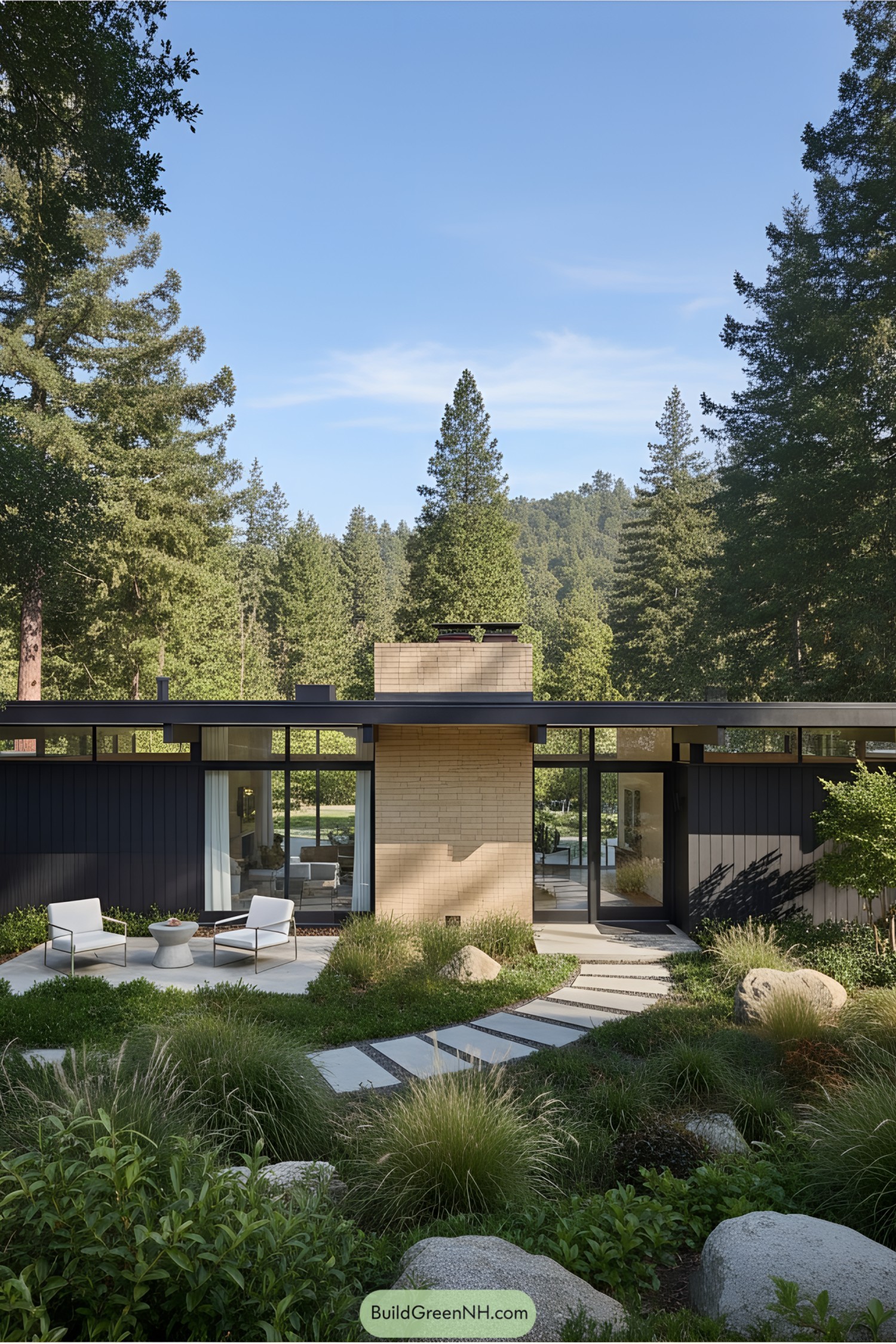 Mid-century house with expansive windows and lush garden