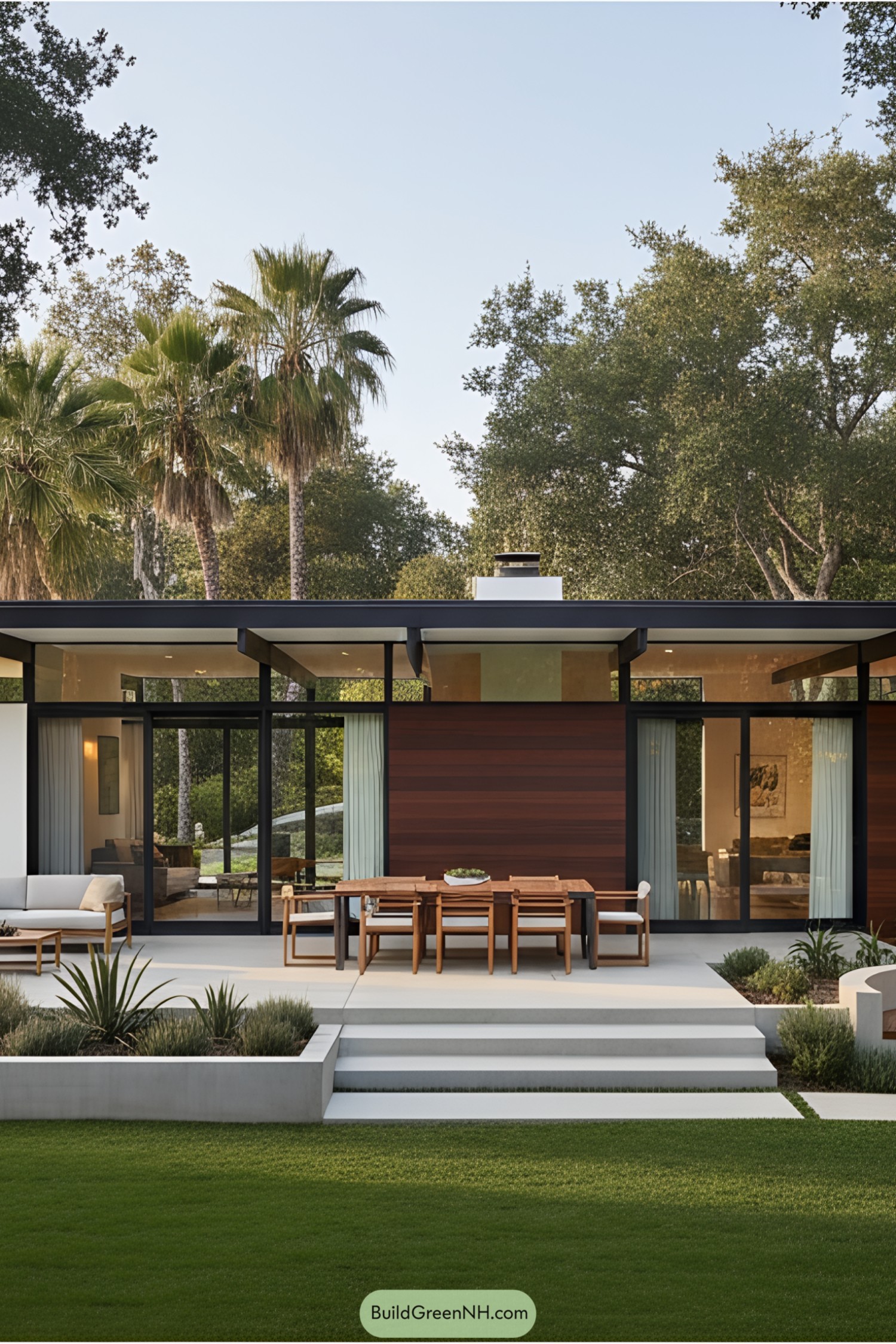 Modern California mid-century home with glass walls and patio