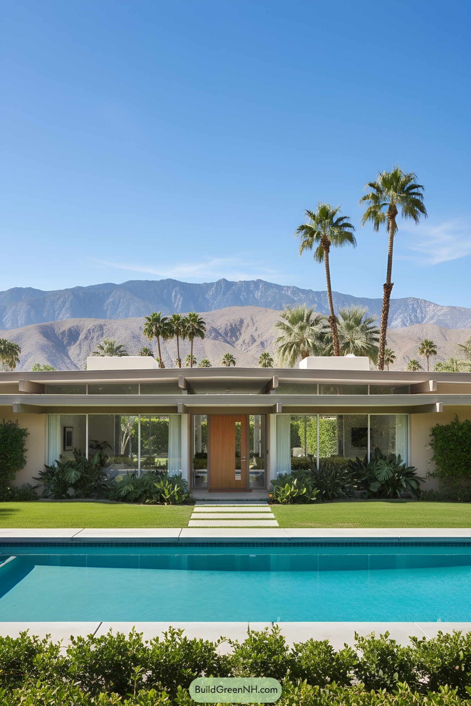 Mid-century modern house with a pool, palm trees, and mountain view