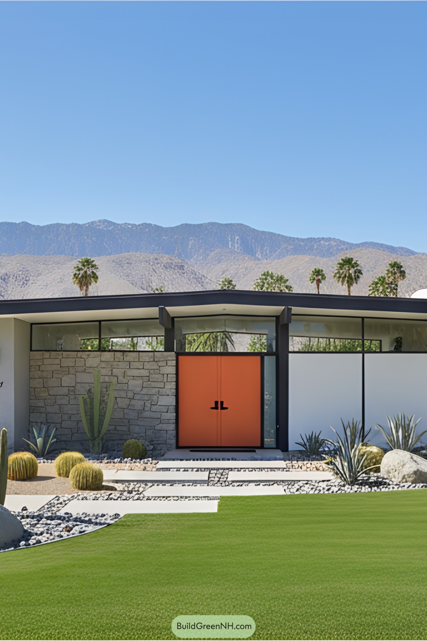 Mid-century house with bold orange doors and desert landscaping