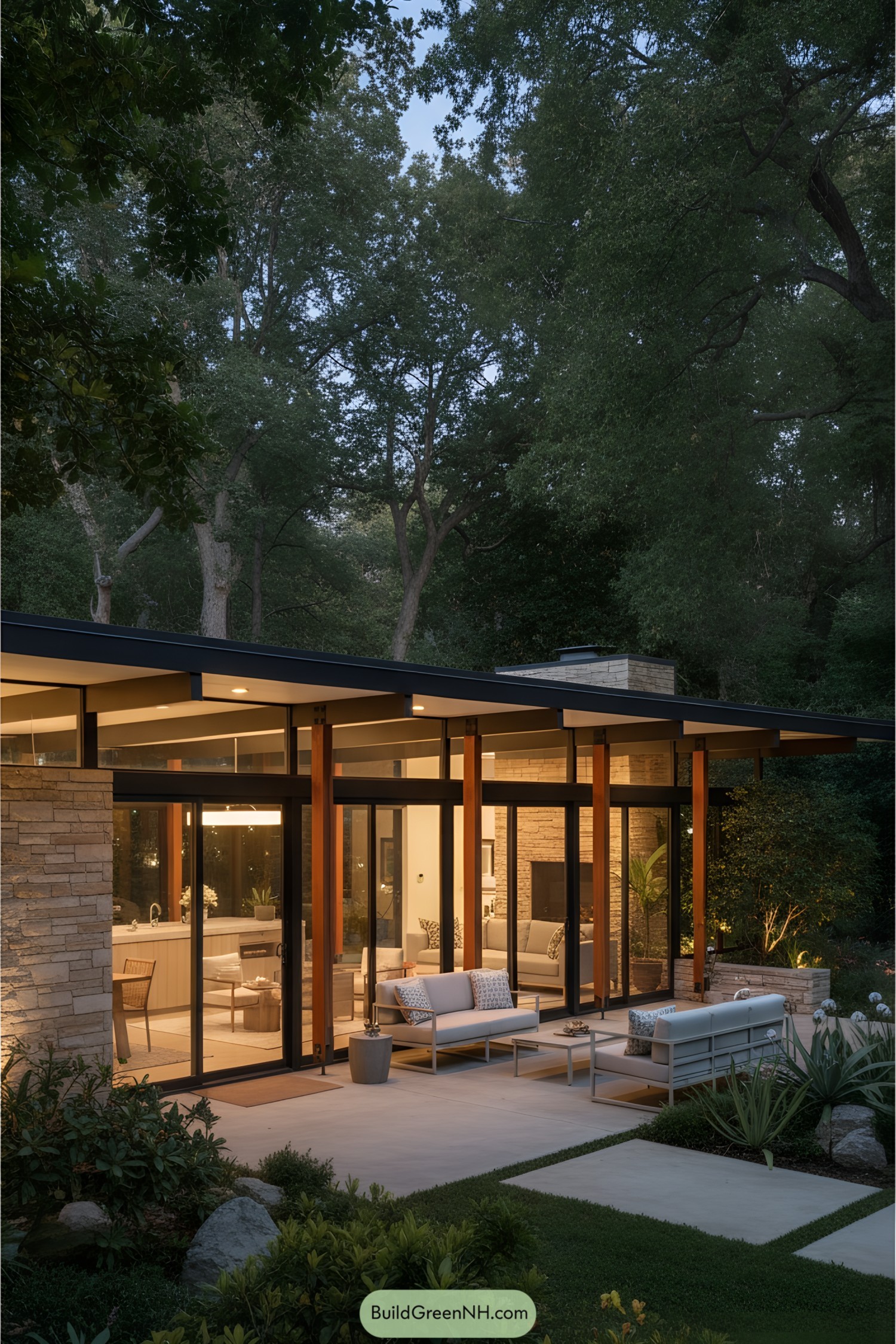 Mid-century modern house with glass walls, nestled in nature