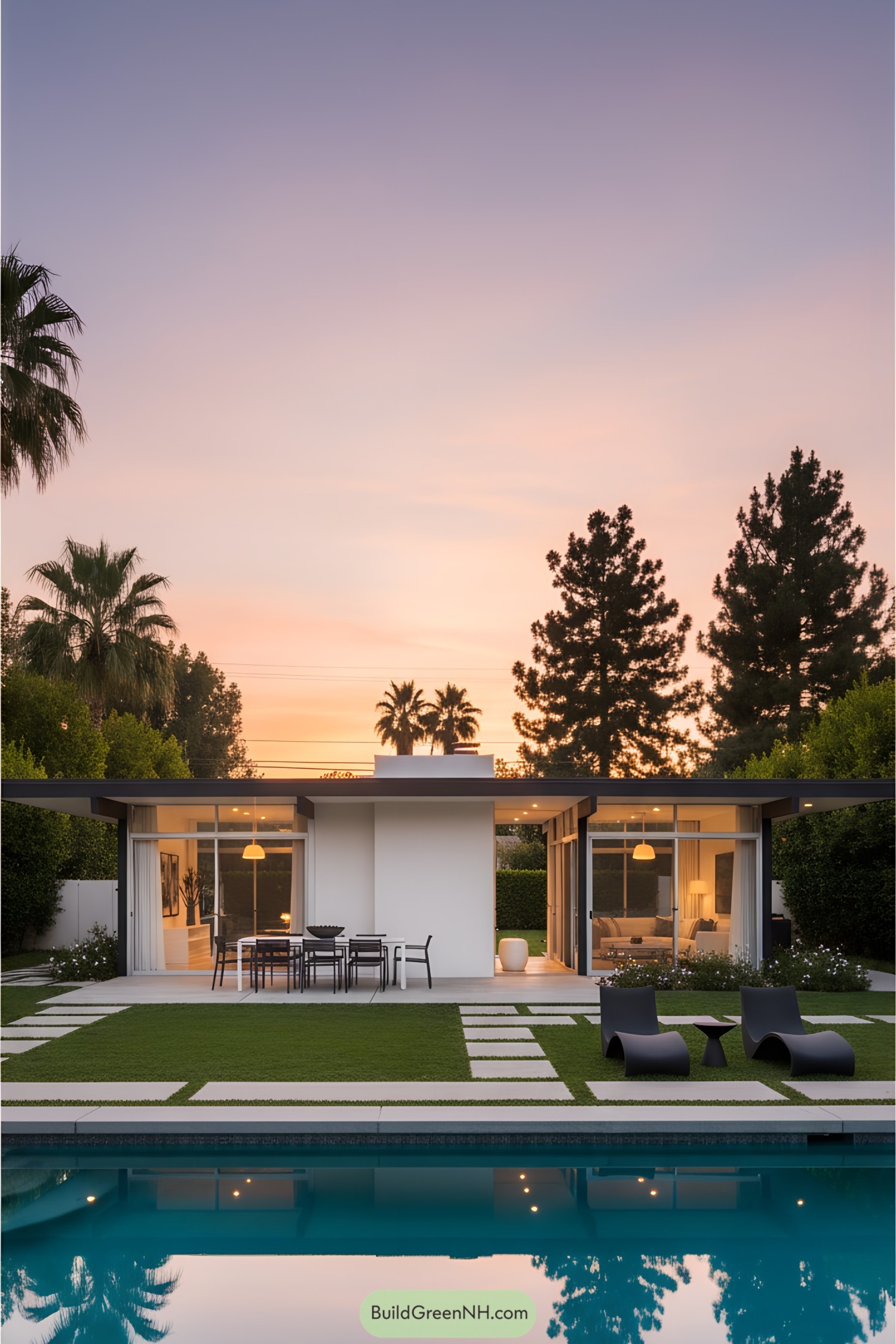 A modern house with a pool at sunset
