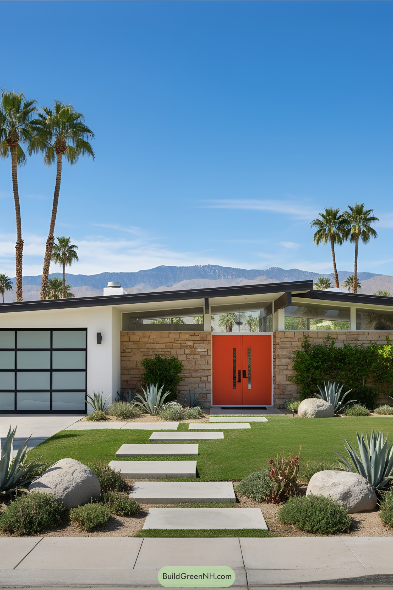 Modern house with a bright orange door and palm trees