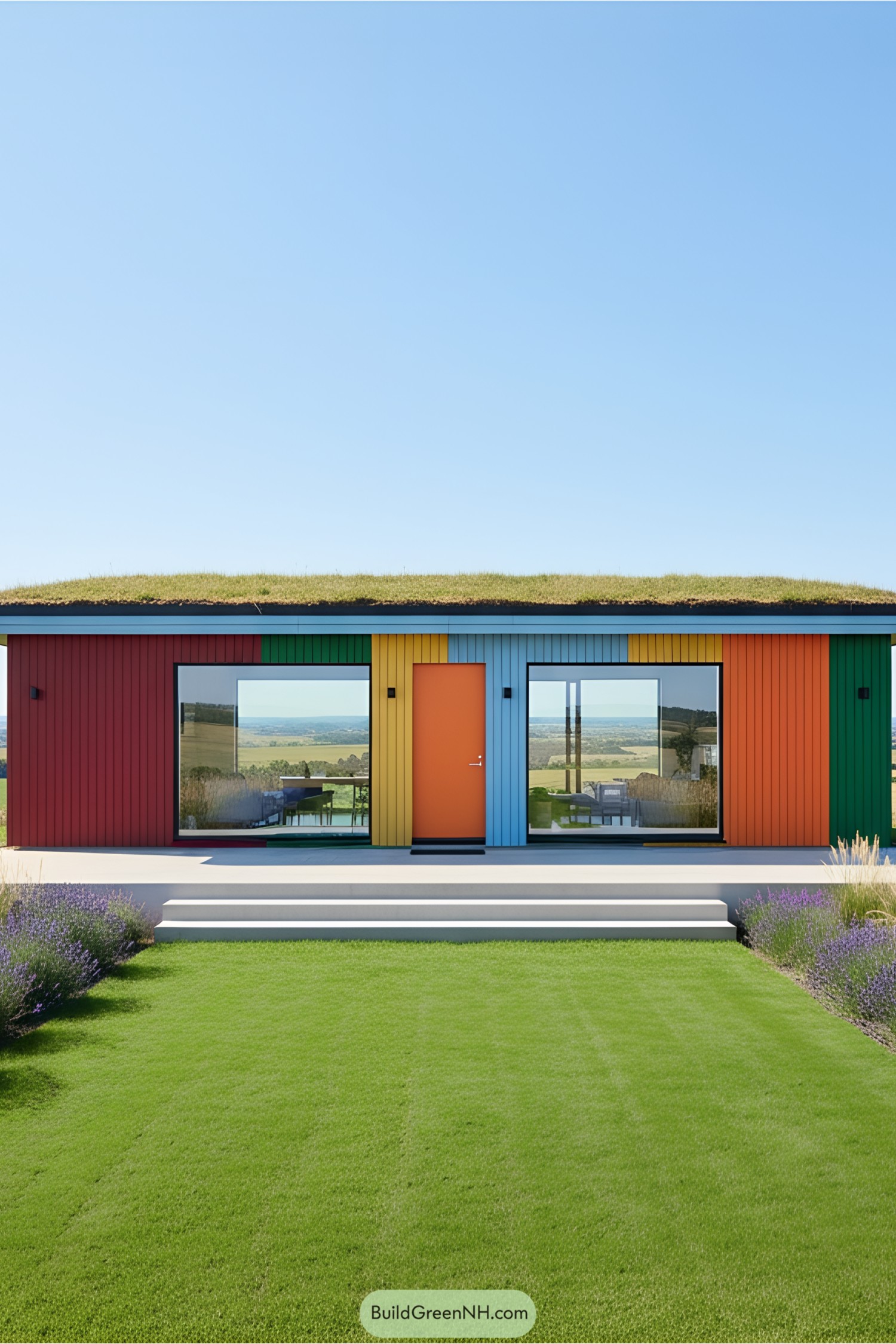Eco-friendly cottage with bright, colorful slats and a grassy roof