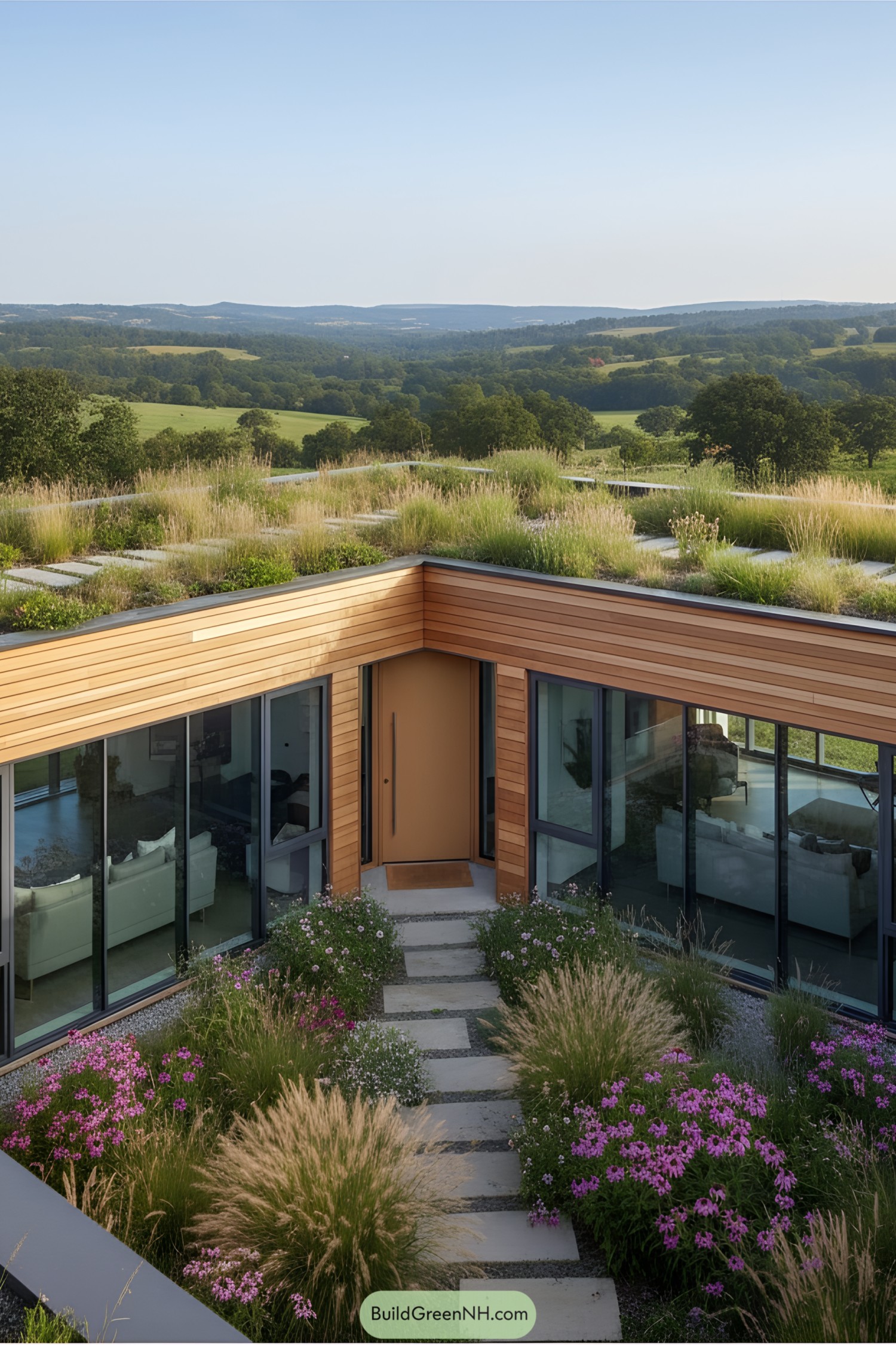 Modern U-shaped house with a green rooftop and panoramic hillside views