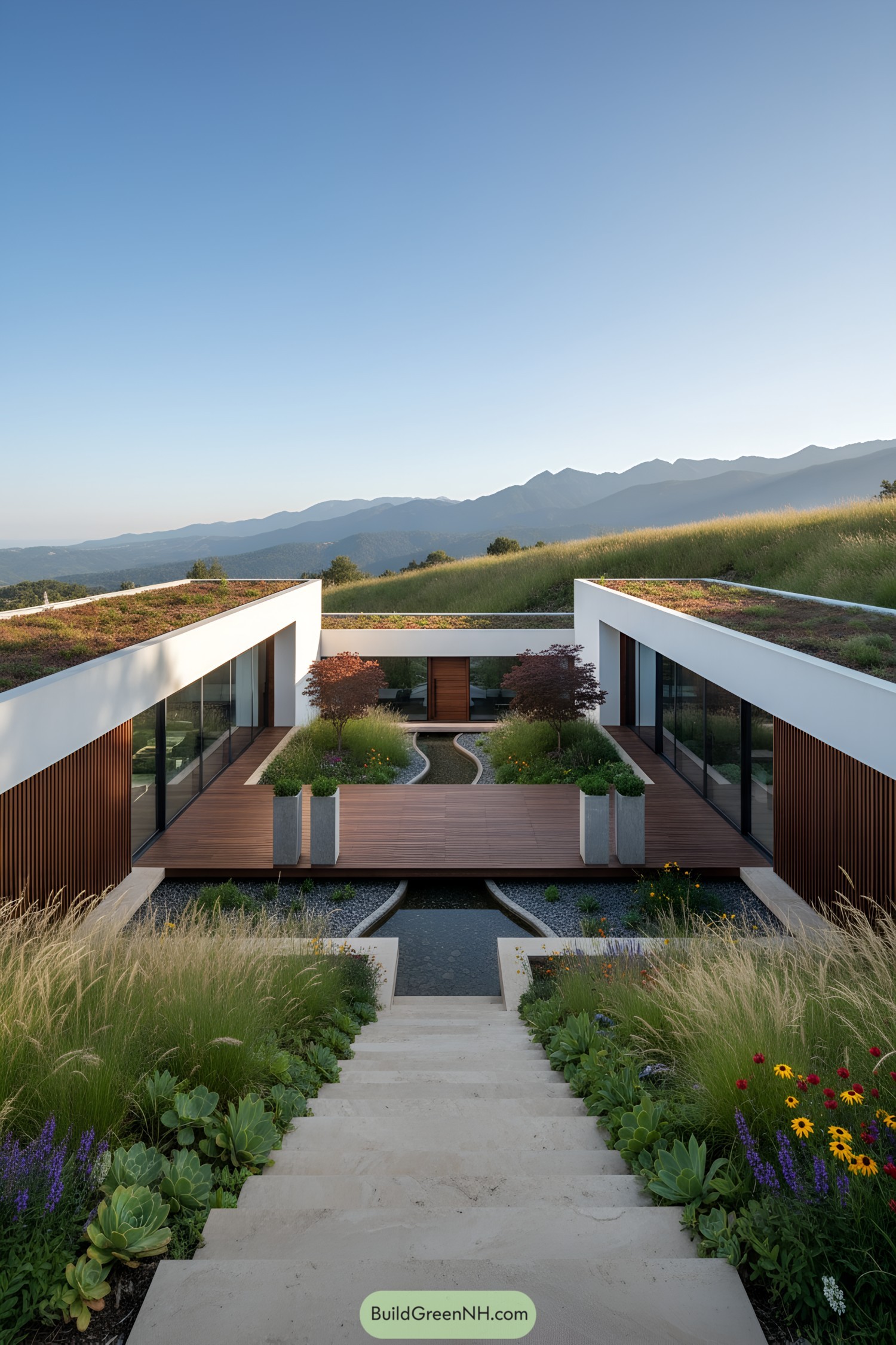 Modern U-shaped house with a secluded courtyard on a hillside