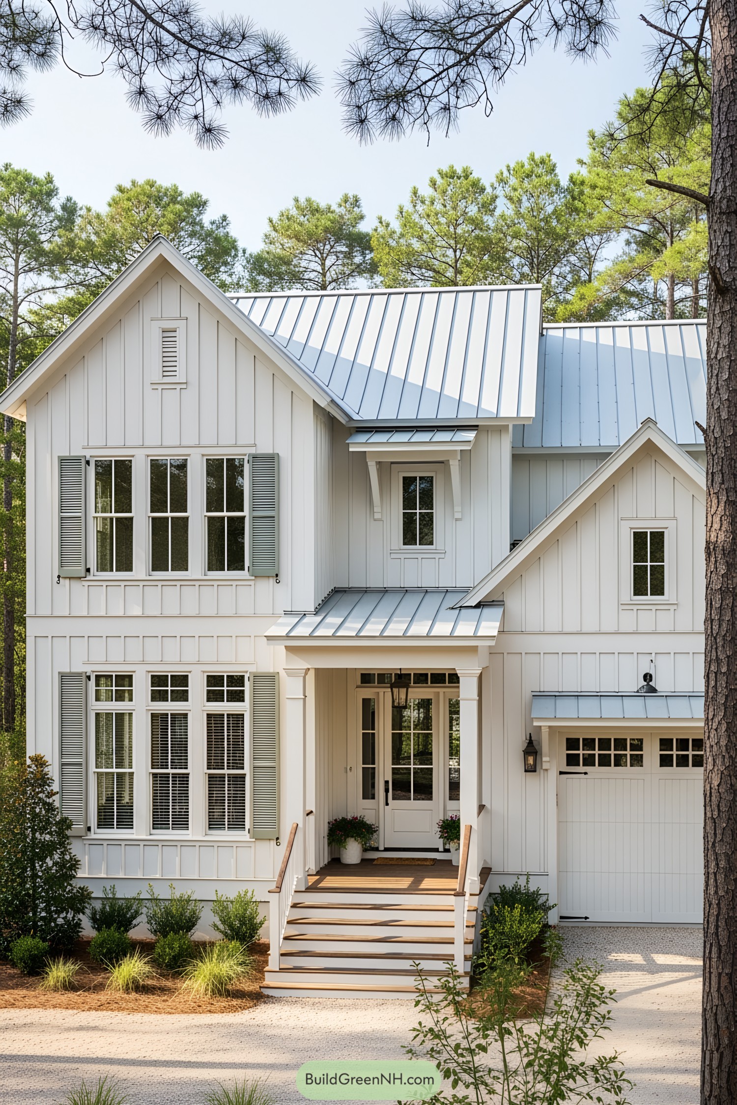 White coastal house with a metal roof and welcoming porch