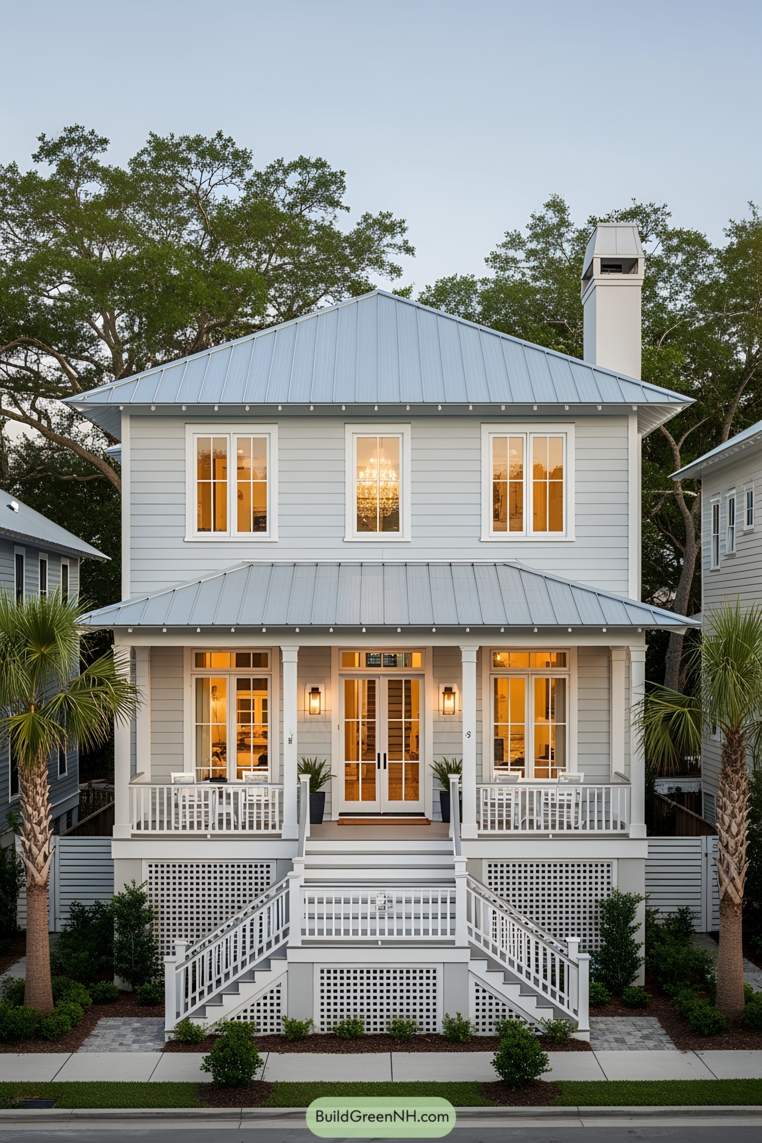 White coastal cottage with blue roof and inviting porch