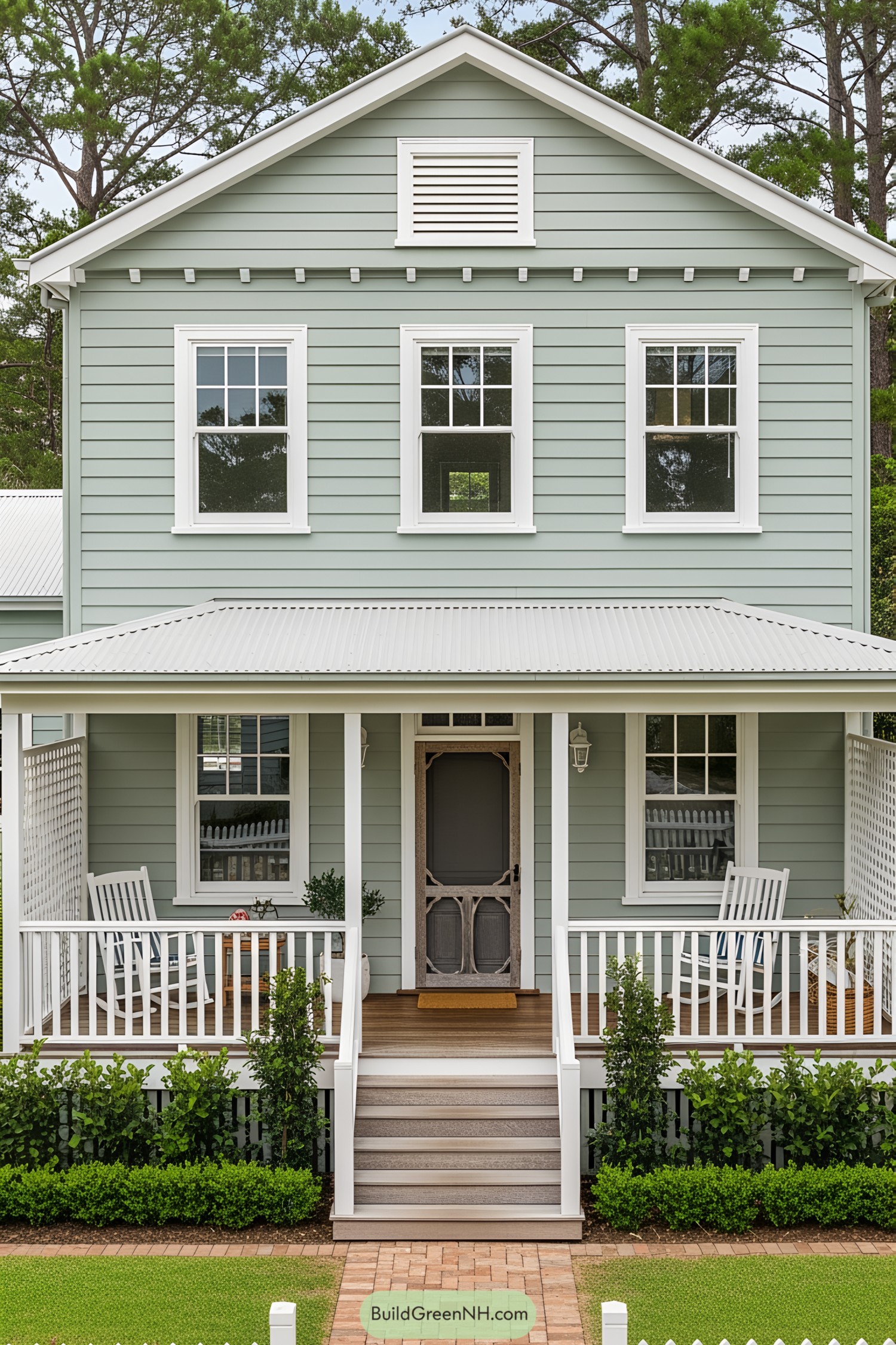 Inviting porch of a sage green cottage