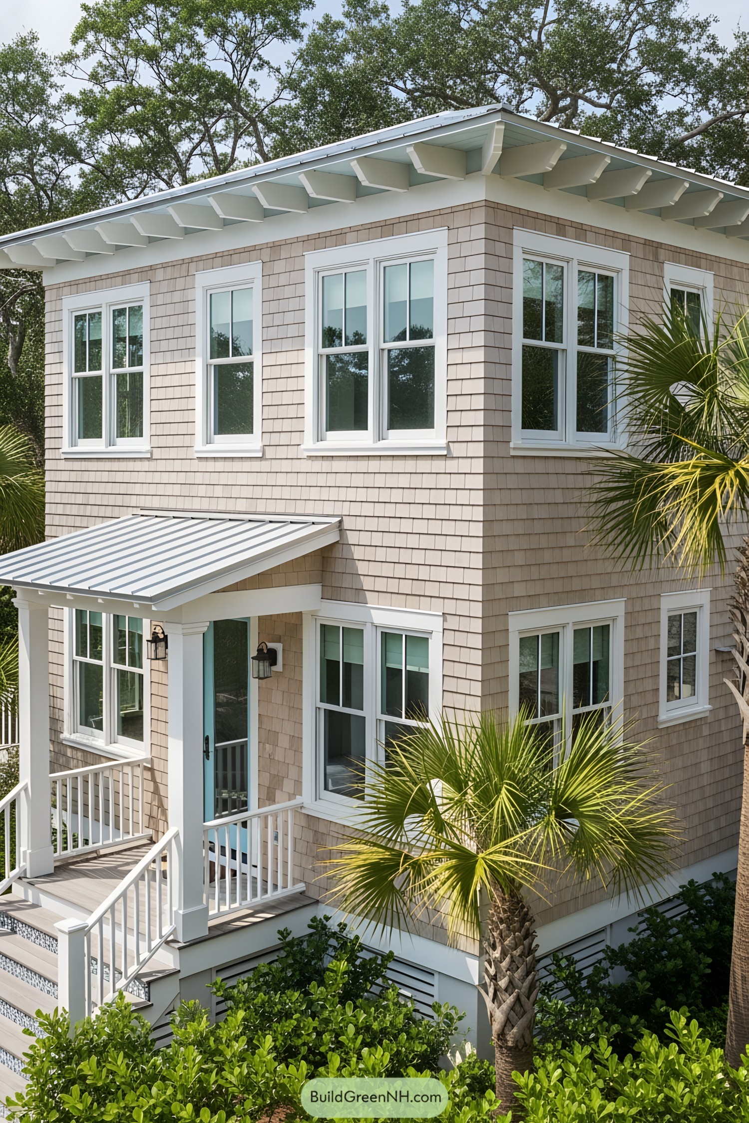 Chic two-story coastal cottage with shingle siding and lush surroundings