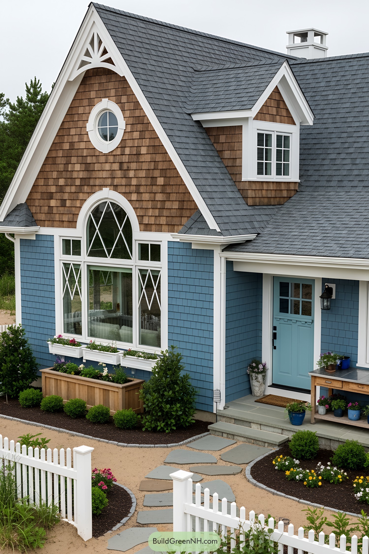 Charming cottage with blue siding and garden