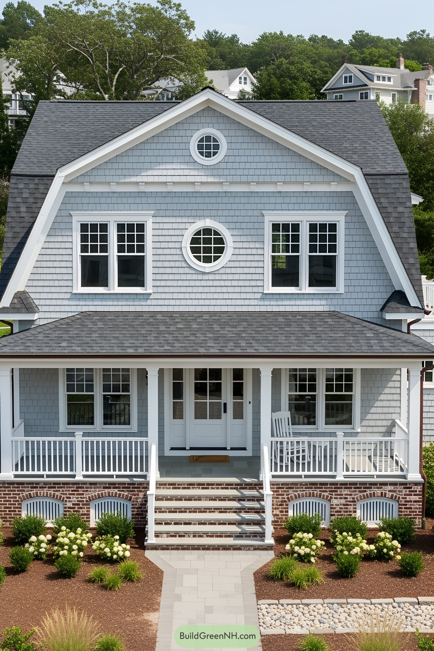 Coastal house with porch and lush garden