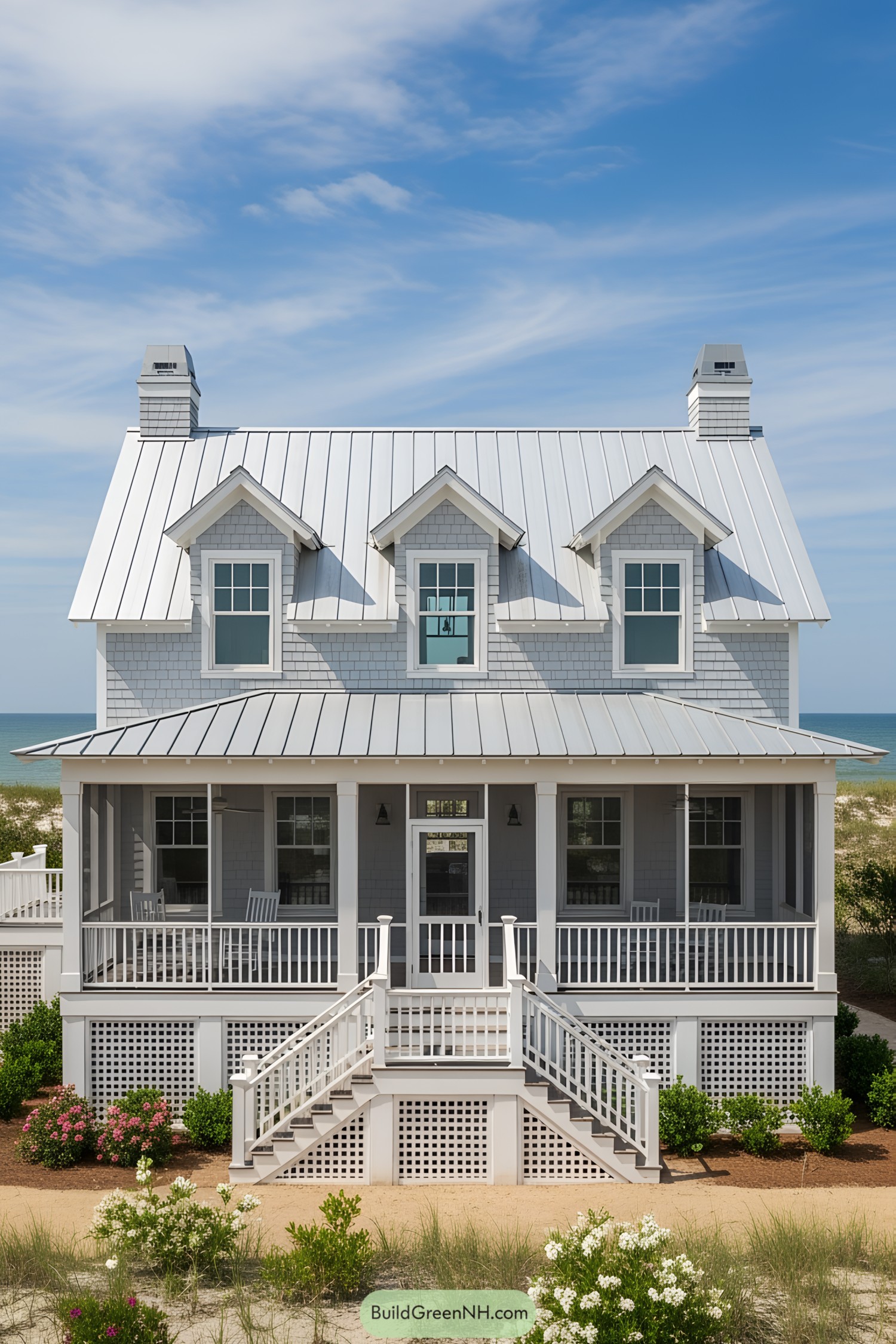 White cottage with ocean backdrop