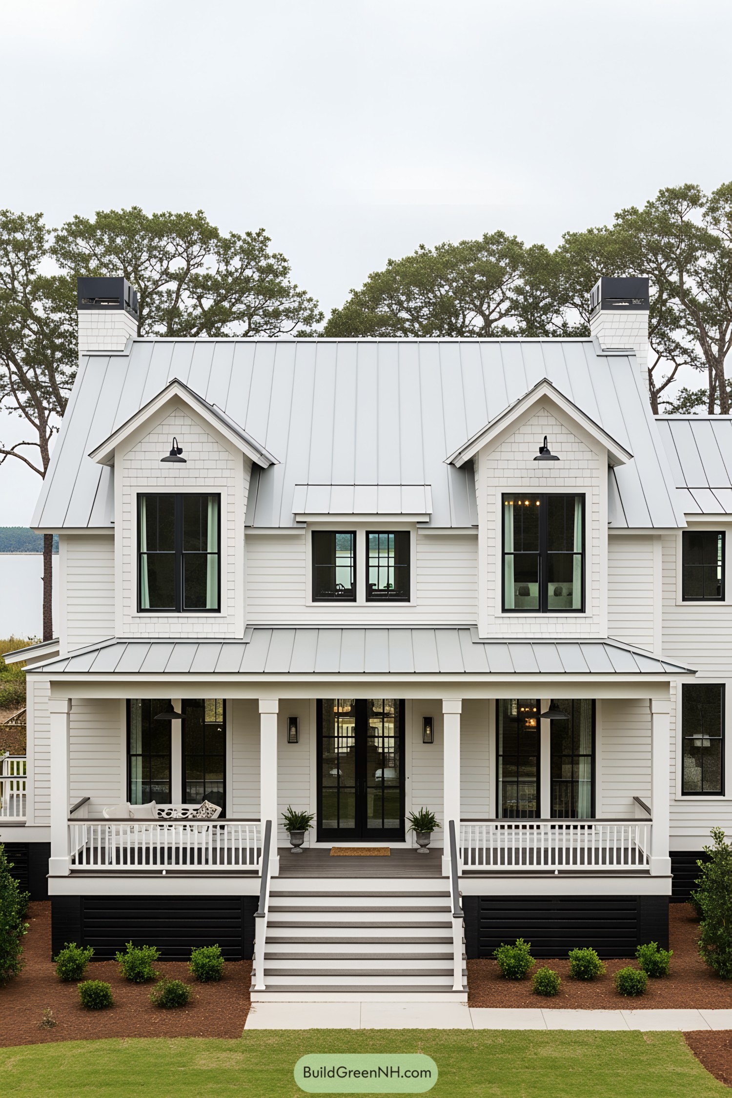 Front view of a cottage with a metal roof and porch