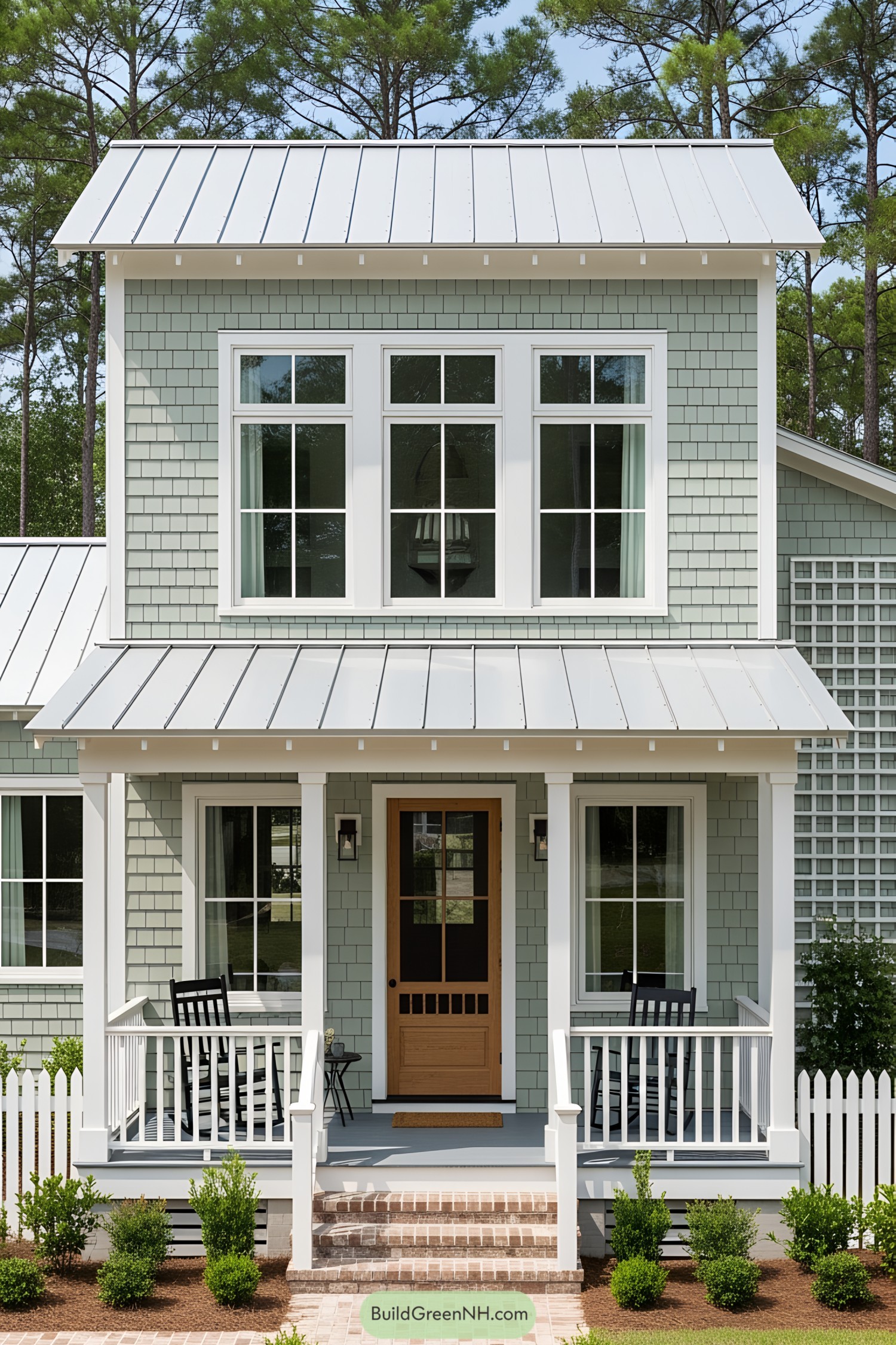 Coastal cottage with green siding and white trim