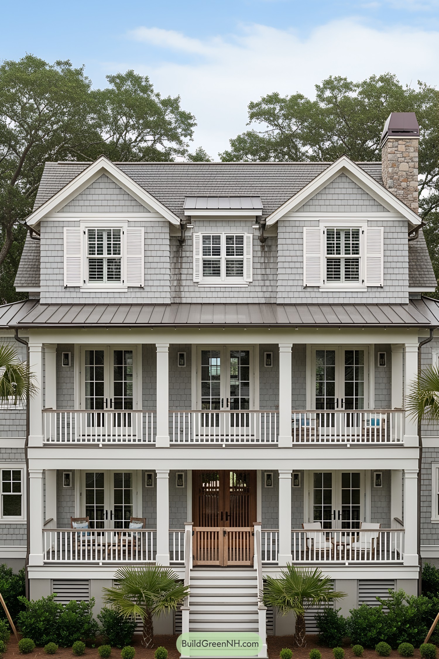 A charming three-story coastal cottage with grey shingles and white accents
