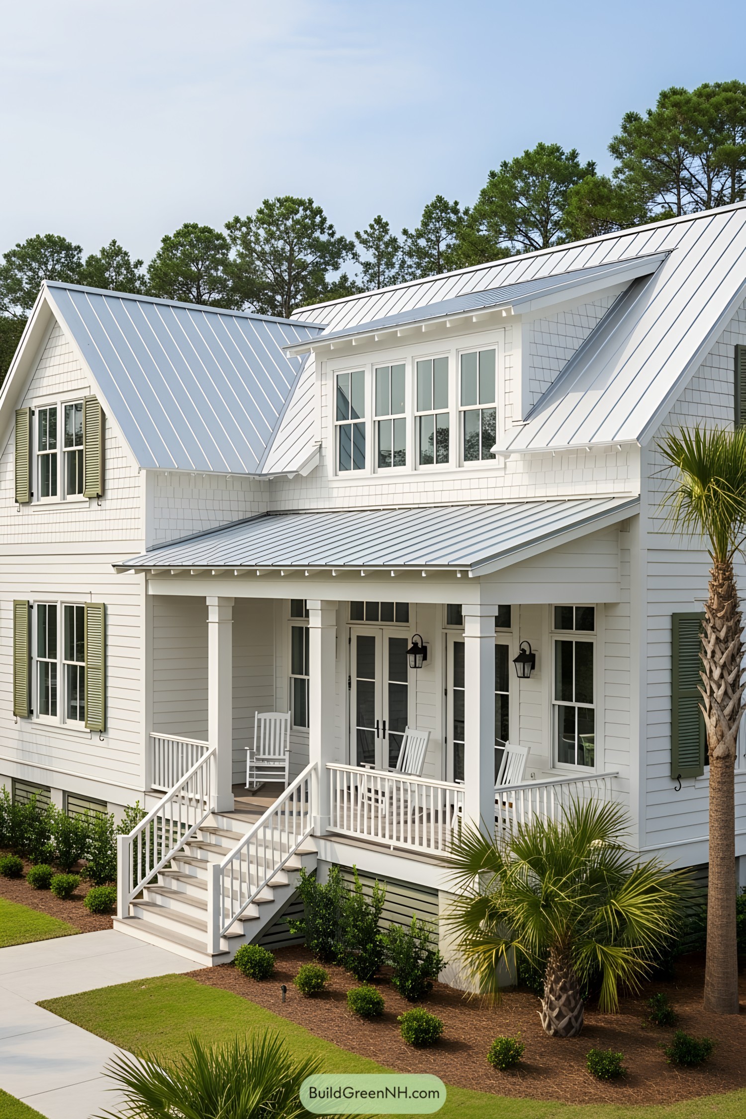 White coastal cottage with green shutters and metal roof