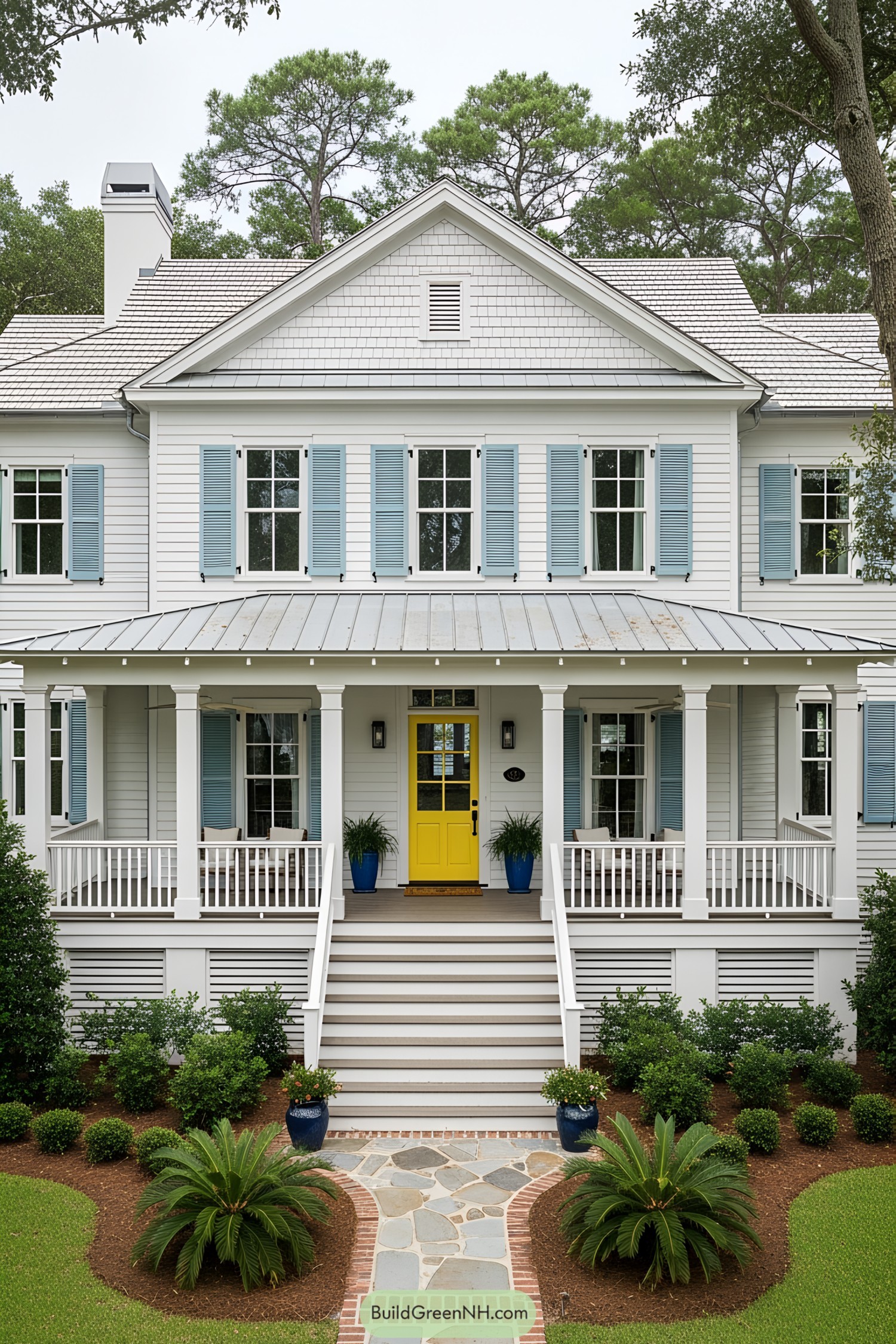 Cottage with yellow door and blue shutters