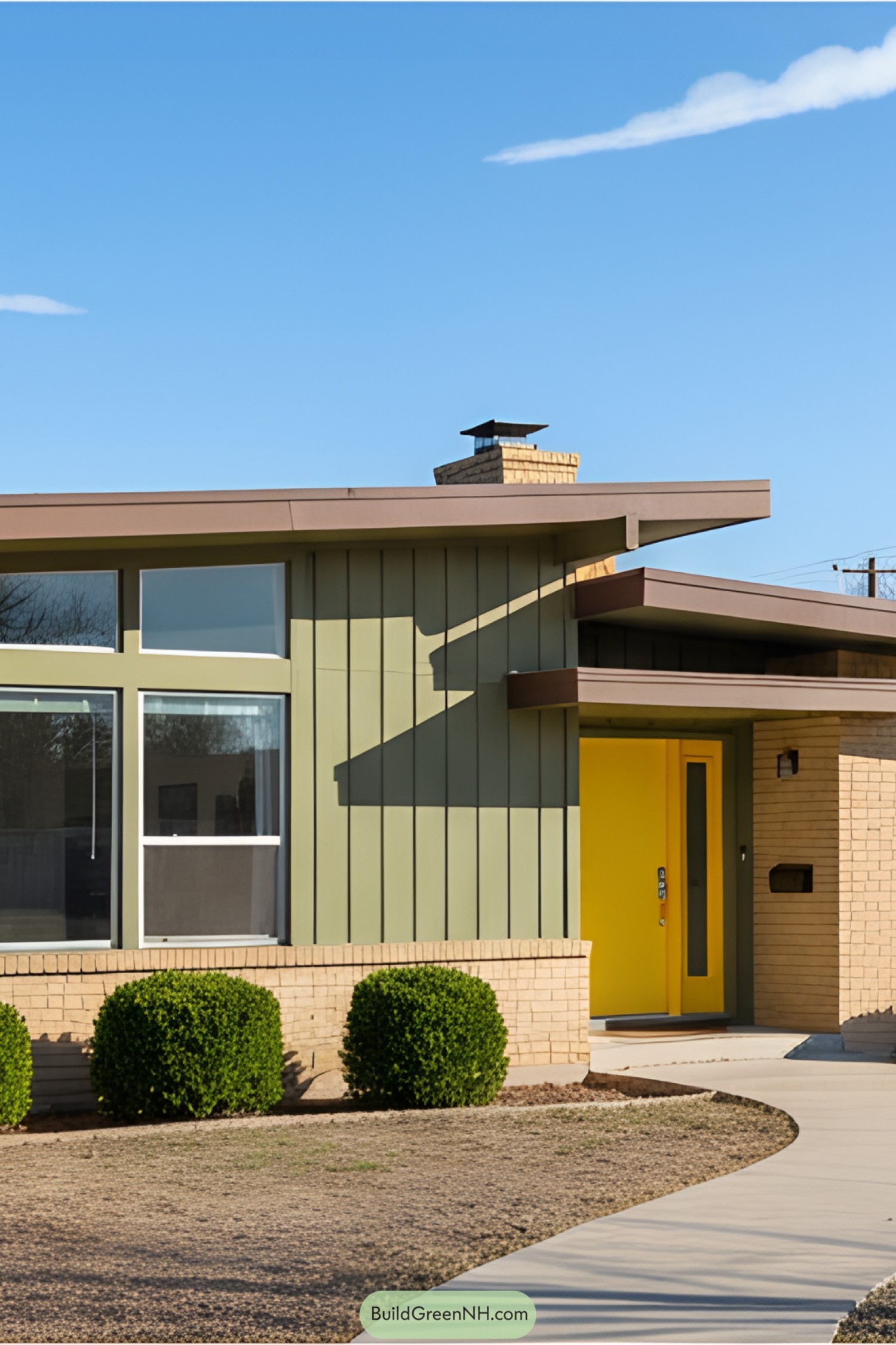 Mid-century modern house with yellow door and green facade