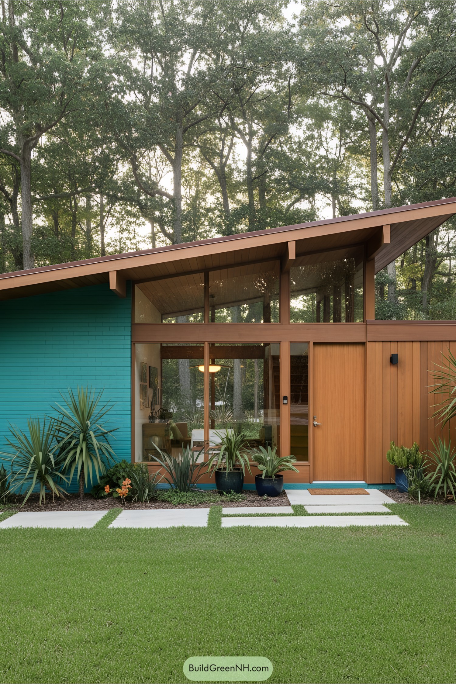 Mid-century modern house with vibrant blue wall and large windows