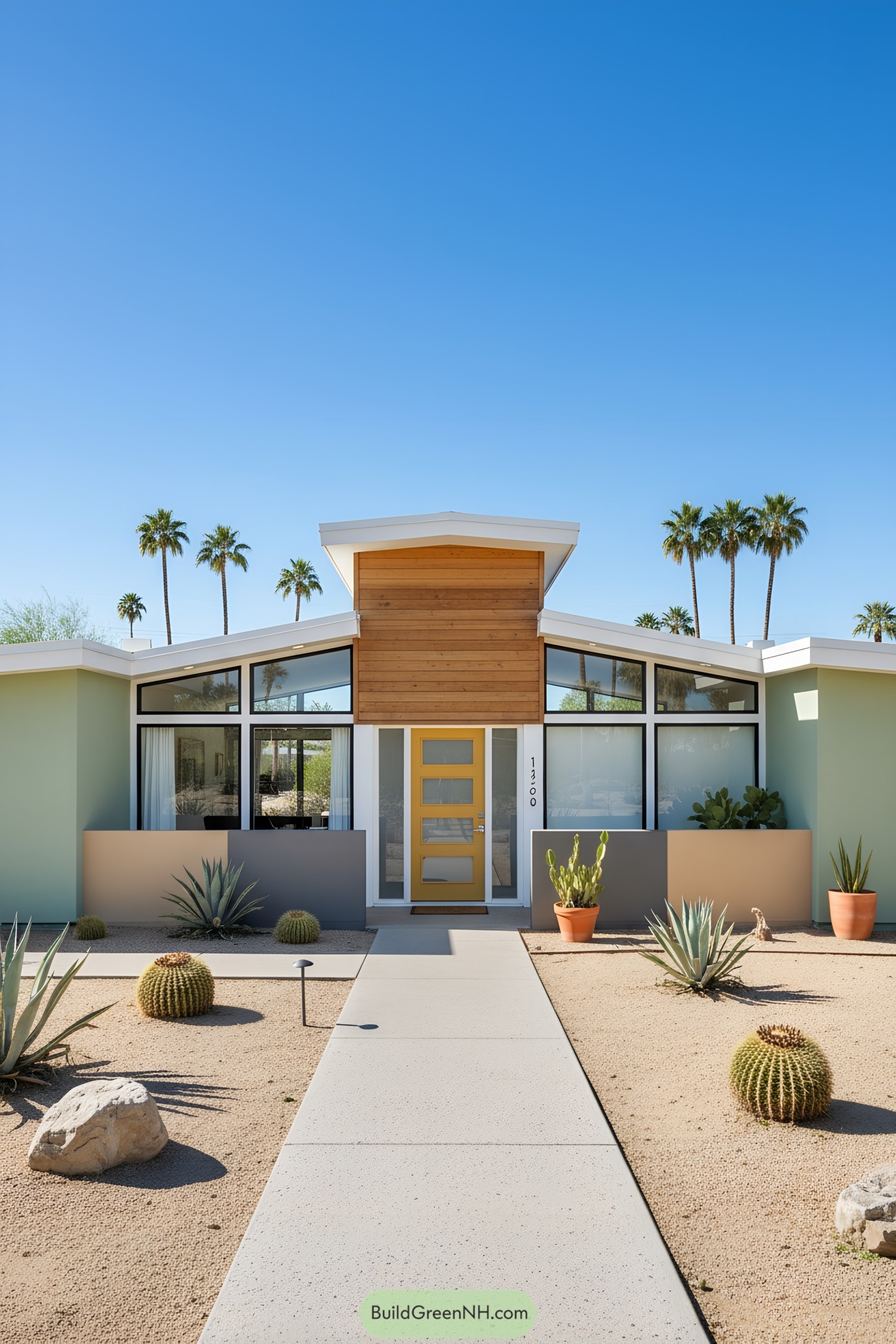 Mid-century home with yellow front door and desert landscaping
