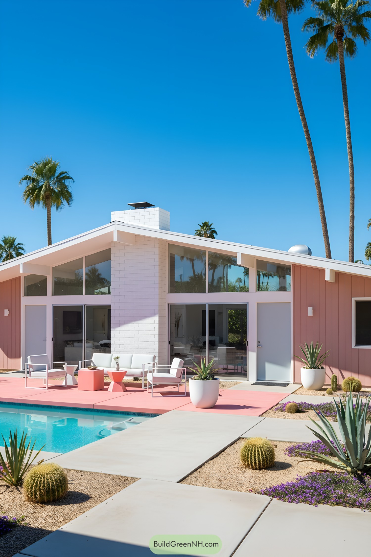 Mid-century modern house with pink siding, pool, and palm trees