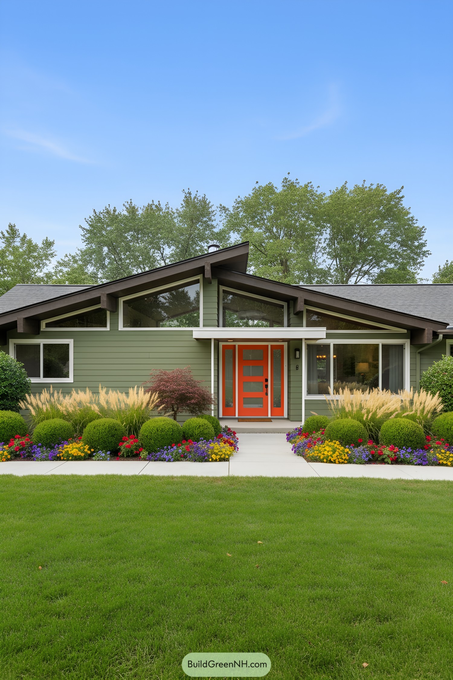 A mid-century modern home with green siding and an orange door