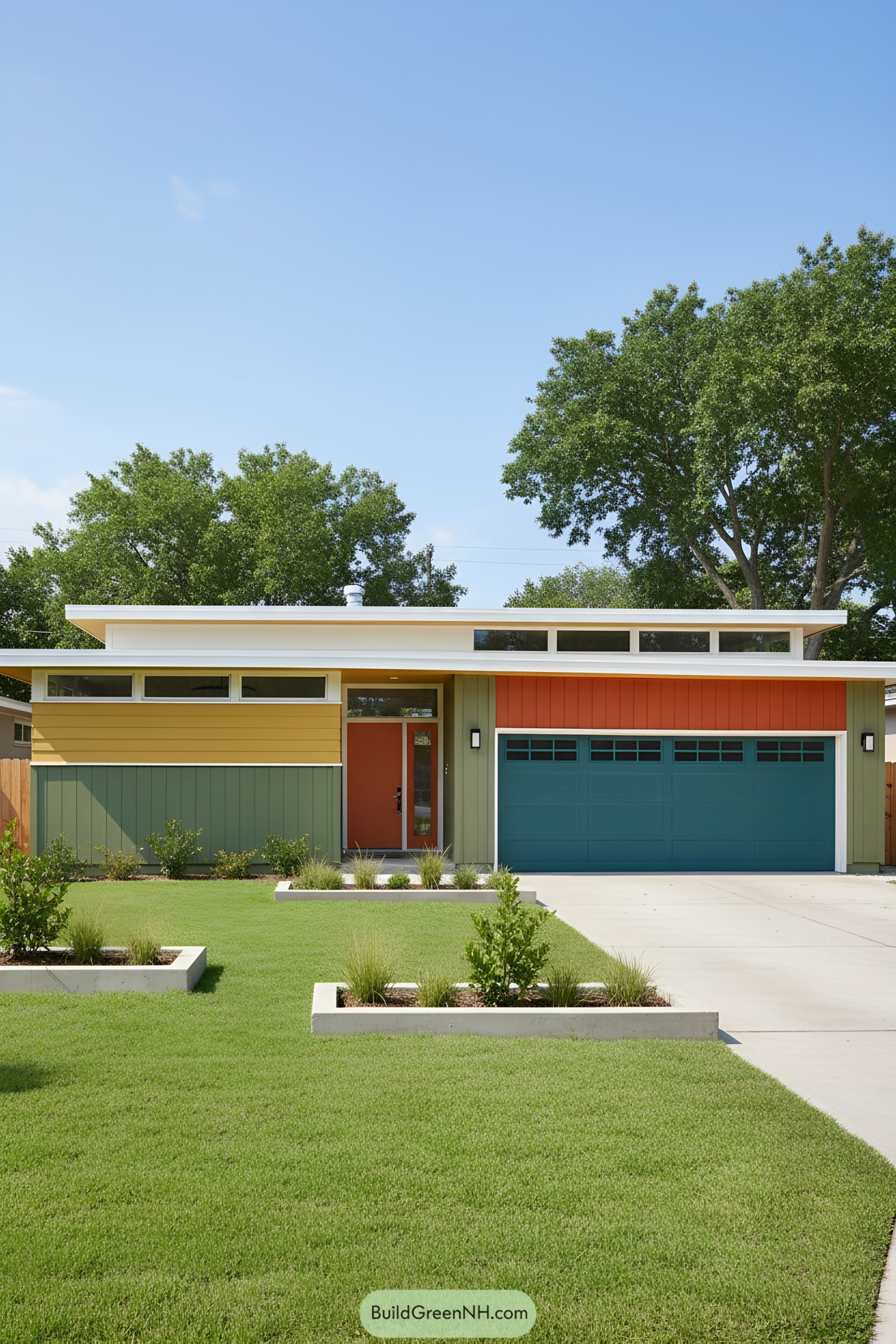 Colorful mid-century modern house with bold design elements