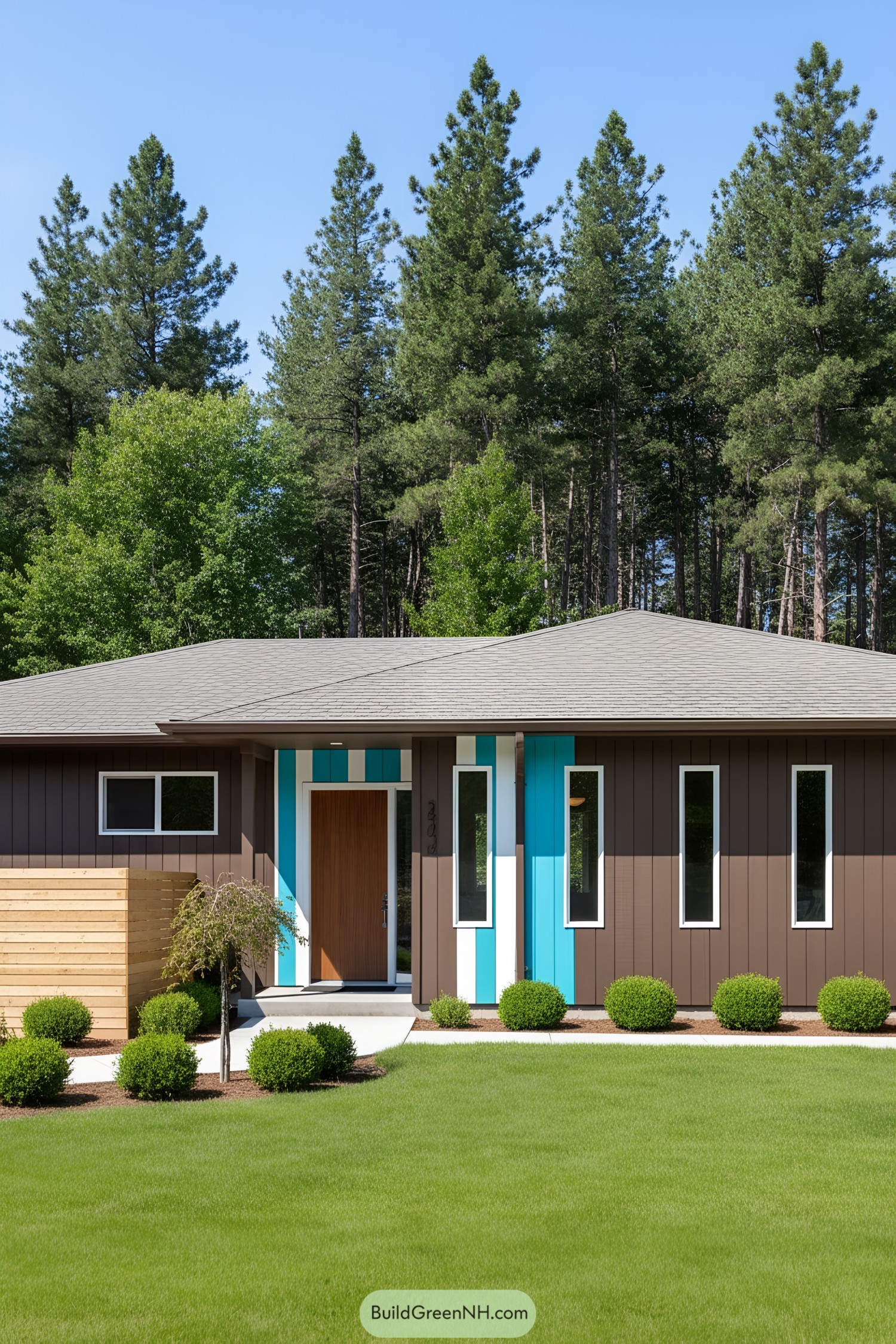 Colorful mid-century house with vivid blue and brown facade